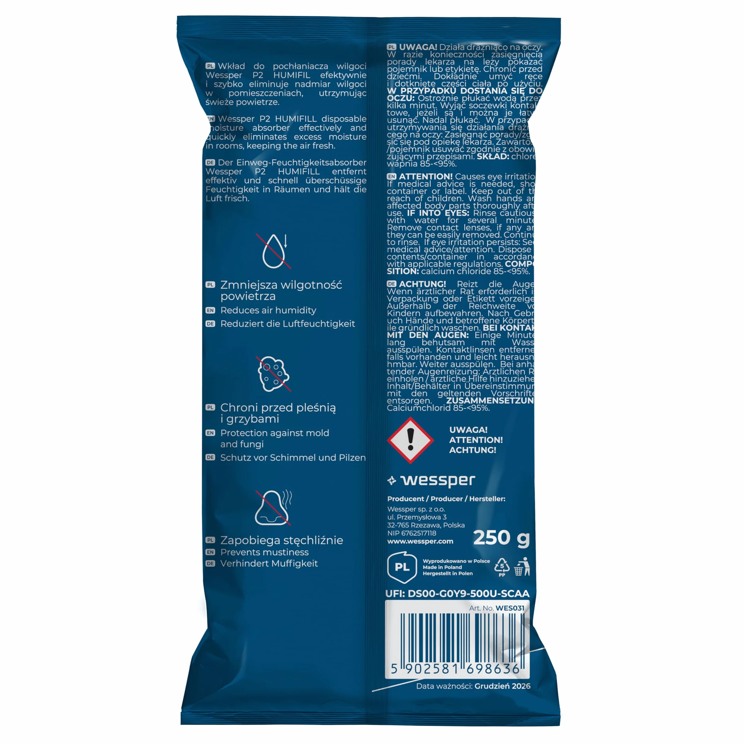 Wessper 5x Wkłady do Osuszacza Powietrza 250g – Granulat Pochłaniacz Wilgoci, Przeciw Pleśni i Zapachom, Uniwersalne Uzupełnienie, Bez Prądu, Do Pomieszczeń