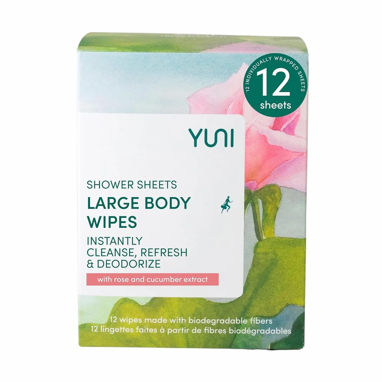 YUNI Beauty Shower Sheets Large Body Wipes, Cucumber Rose, 12 Count