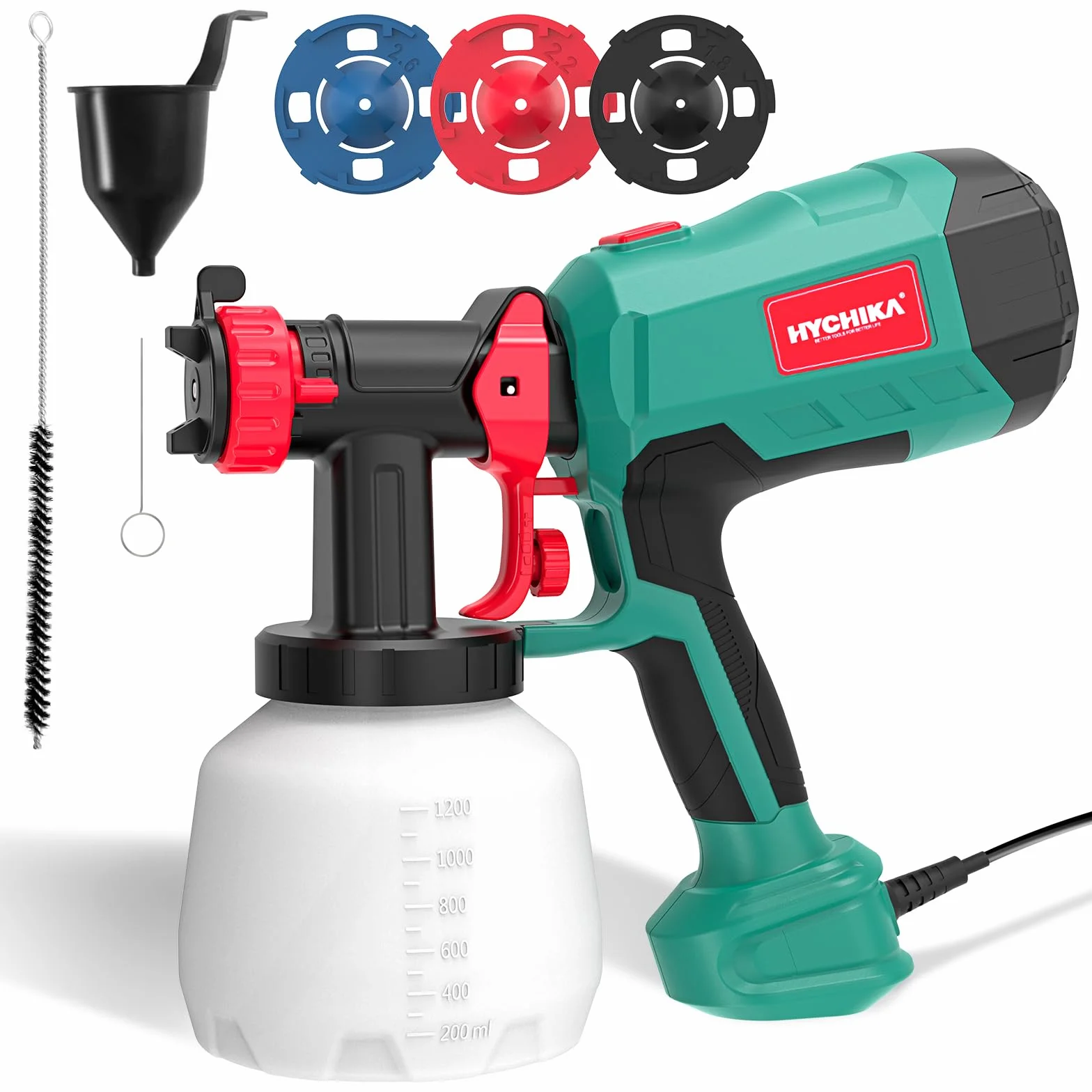 HYCHIKA system natryskowy do farby, 600 W, pistolet lakierniczy HVLP, pojemnik 1200 ml, 3 dysze do ogrodzeń, mebli, ścian i innych powierzchni z drewna lub metalu