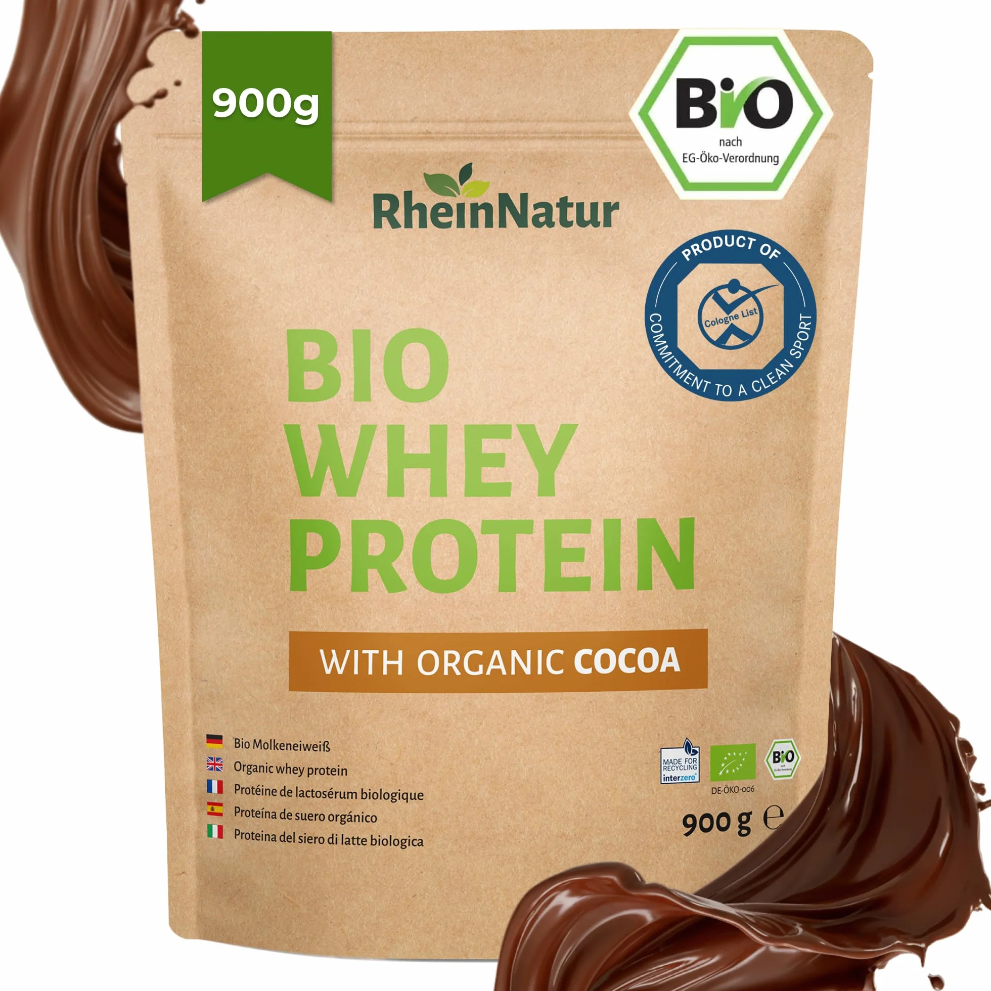 RheinNatur Bio Whey Protein-proszek Kakao 900 g - Proszek białkowy z bio-proszkiem kakaowym i bez soi - 100% białko z serwatki dla koktajli białkowych