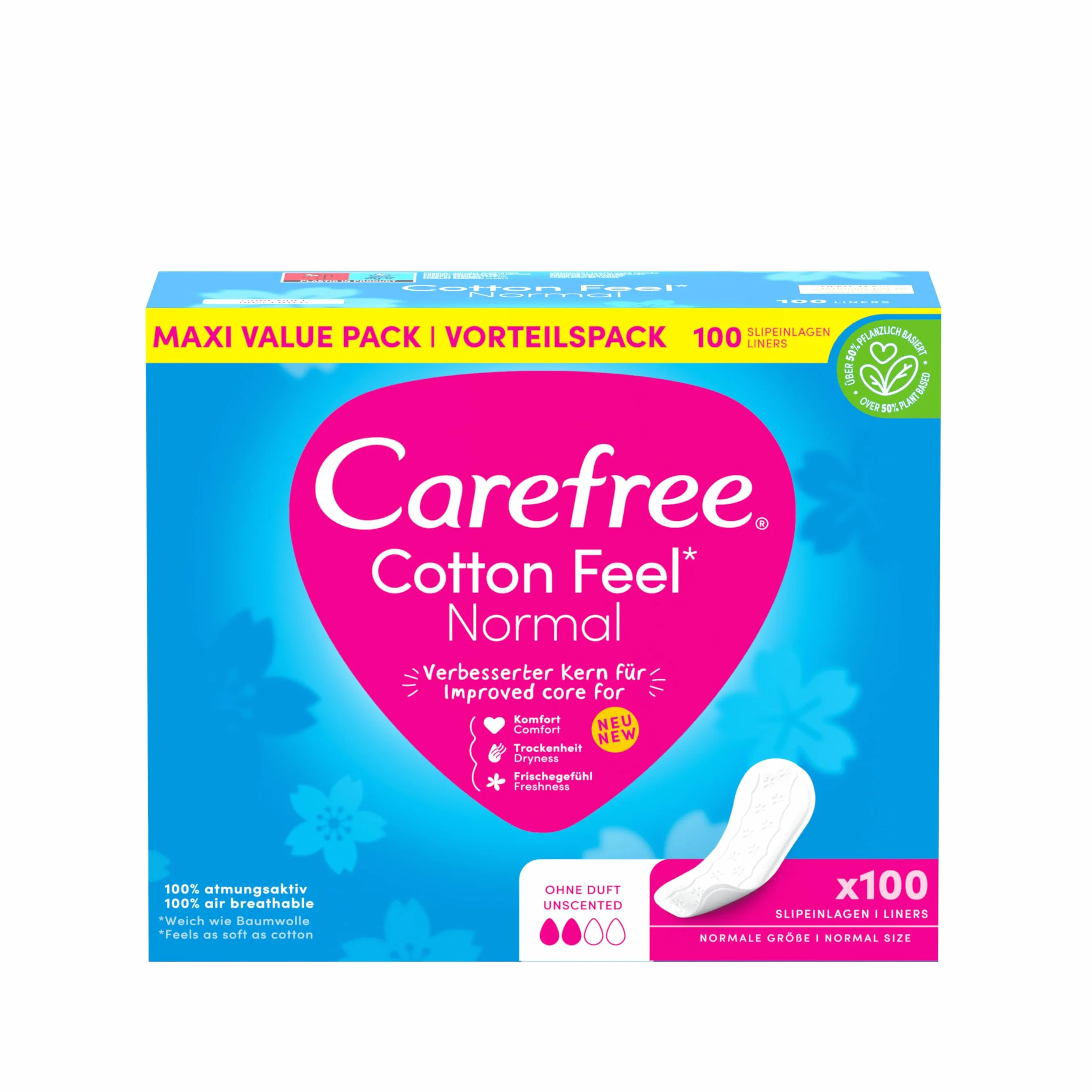 Carefree Cotton Feel Normal 100 bawełnianych wkładek do majtek bez 100% oddychających dla długotrwałego świeżości w normalnym rozmiarze