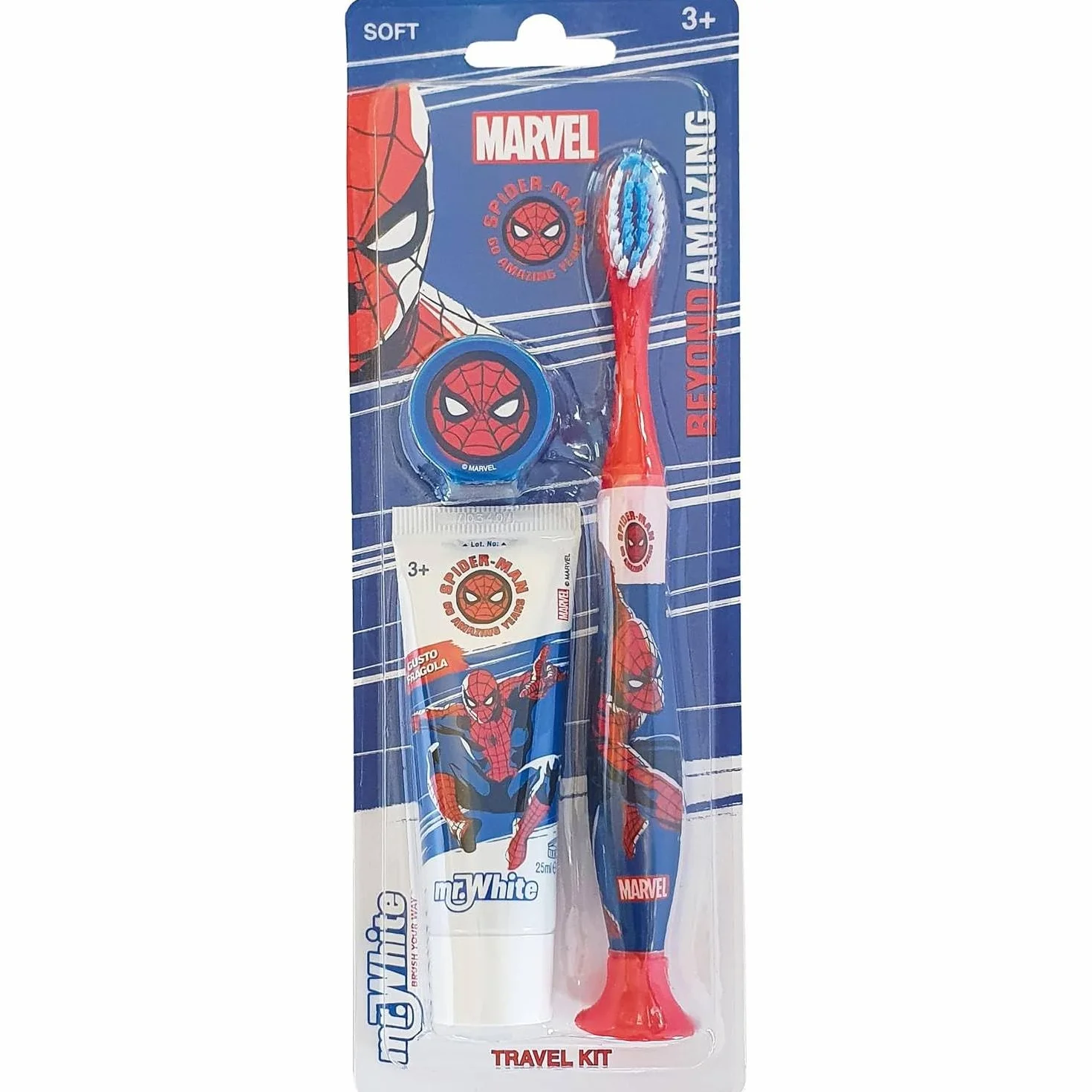 Mr.White Spider-Man zestaw podróżny dla dzieci – zestaw 3 przyborów toaletowych w rozmiarze podróżnym, zawiera szczoteczkę do zębów dla dzieci, pastę do zębów dla dzieci 25 ml i czapkę podróżną – podróżny zestaw dentystyczny dla dzieci