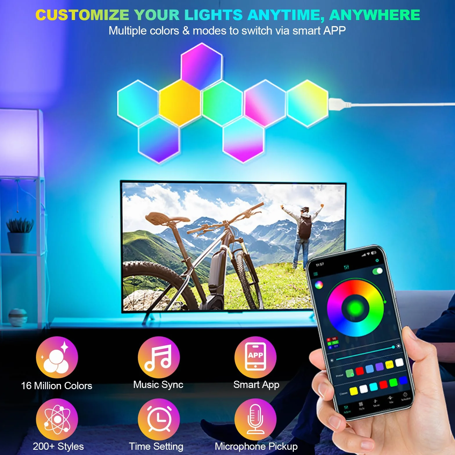 Kinkiet LED Hexagonalny RGB 8 Paneli Inteligentny z Synchronizacją Muzyki