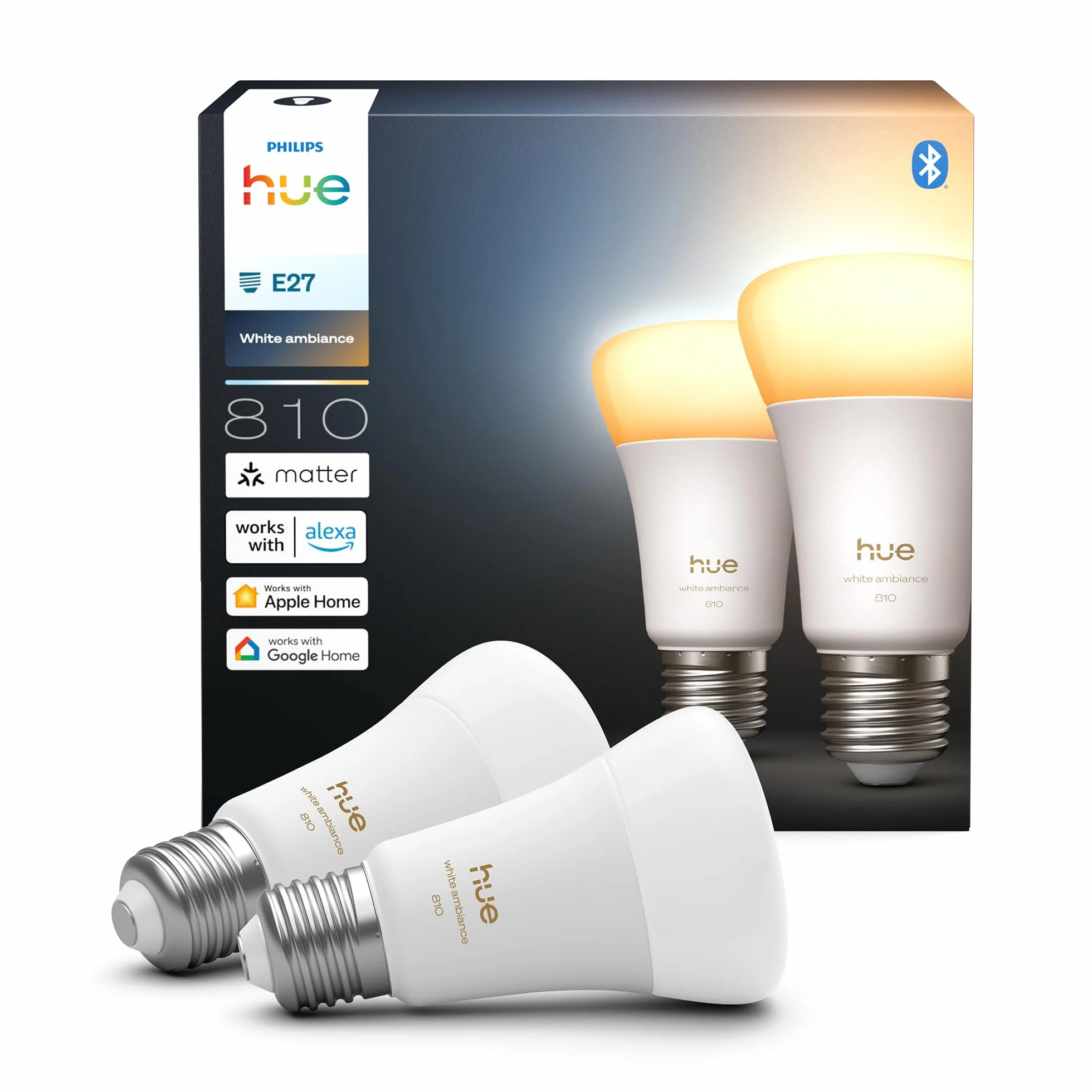 Żarówka Philips Hue Smart LED A60, White Ambiance, trzonek E27, 6 W, pełne spektrum światła 1000K–20000K, 810 lumenów, przyciemnianie, działa z Alexa, Google Assistant i Apple Home, op. 2 szt.
