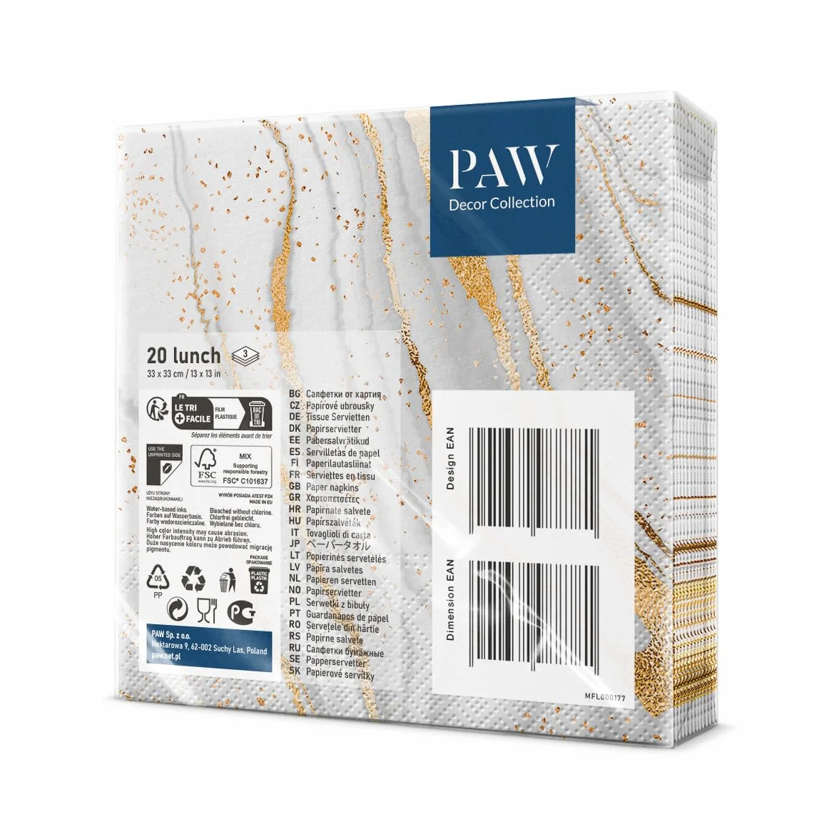 Paw - Serwetki papierowe 3-warstwowe (33 x 33 cm) I 20 sztuk I Idealne na urodziny, imprezy, wesela, komunię i uroczystości Dekoracja stołu, kolorowe serwetki papierowe I złoty marmur
