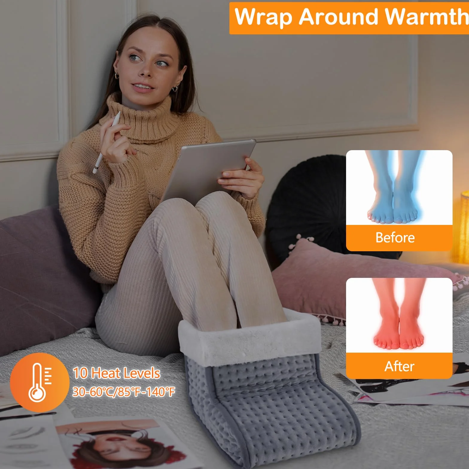 Biutee Elektryczny ogrzewacz stóp, 10 poziomów temperatury, 3 timery, 30-60°C, można prać w pralce