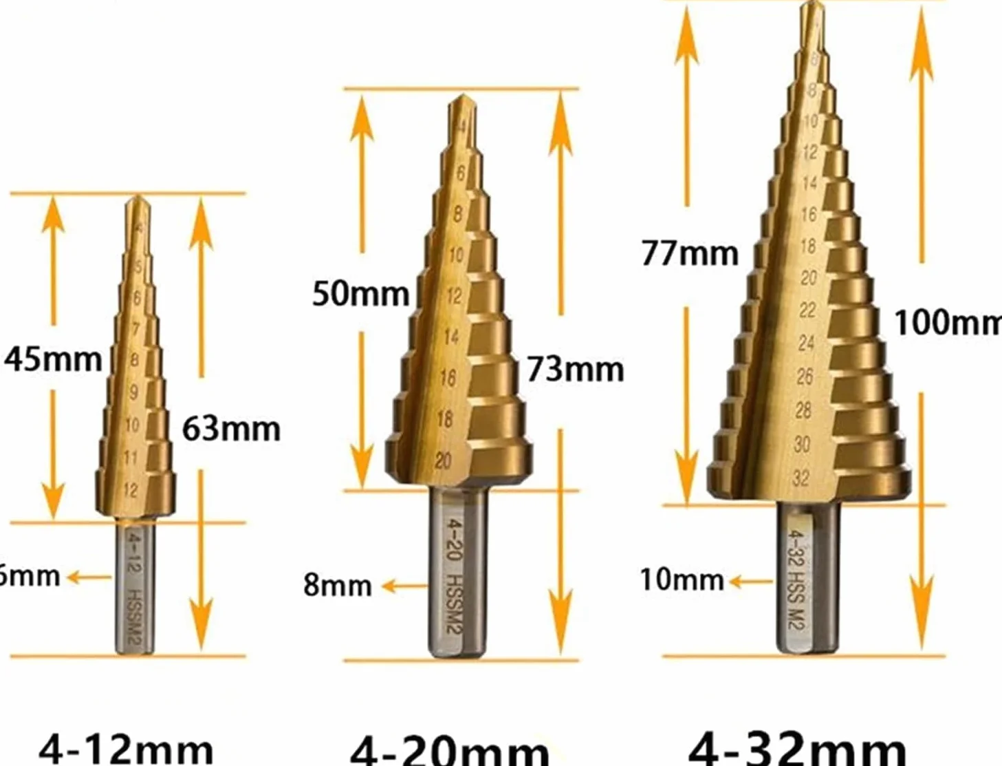 Wiertła do metalu, wiertło stopniowe z rowkiem spiralnym, 4-12/4-20/4-32 mm HSS 6542 wiertło stopniowe z chwytem trójkątnym, odpowiednie do wiercenia aluminium, blachy, stali nierdzewnej 304 (Materia
