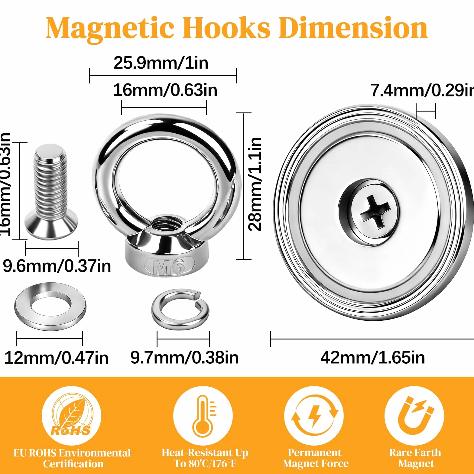 MIN CI Silne magnesy 42 mm, 6 sztuk haczyków magnetycznych, 70 kg, siła przyczepności, neodymowe magnesy oczkowe, magnesy neodymowe z haczykami, do łowienia ryb magnetycznych z oczkiem, silne magnesy