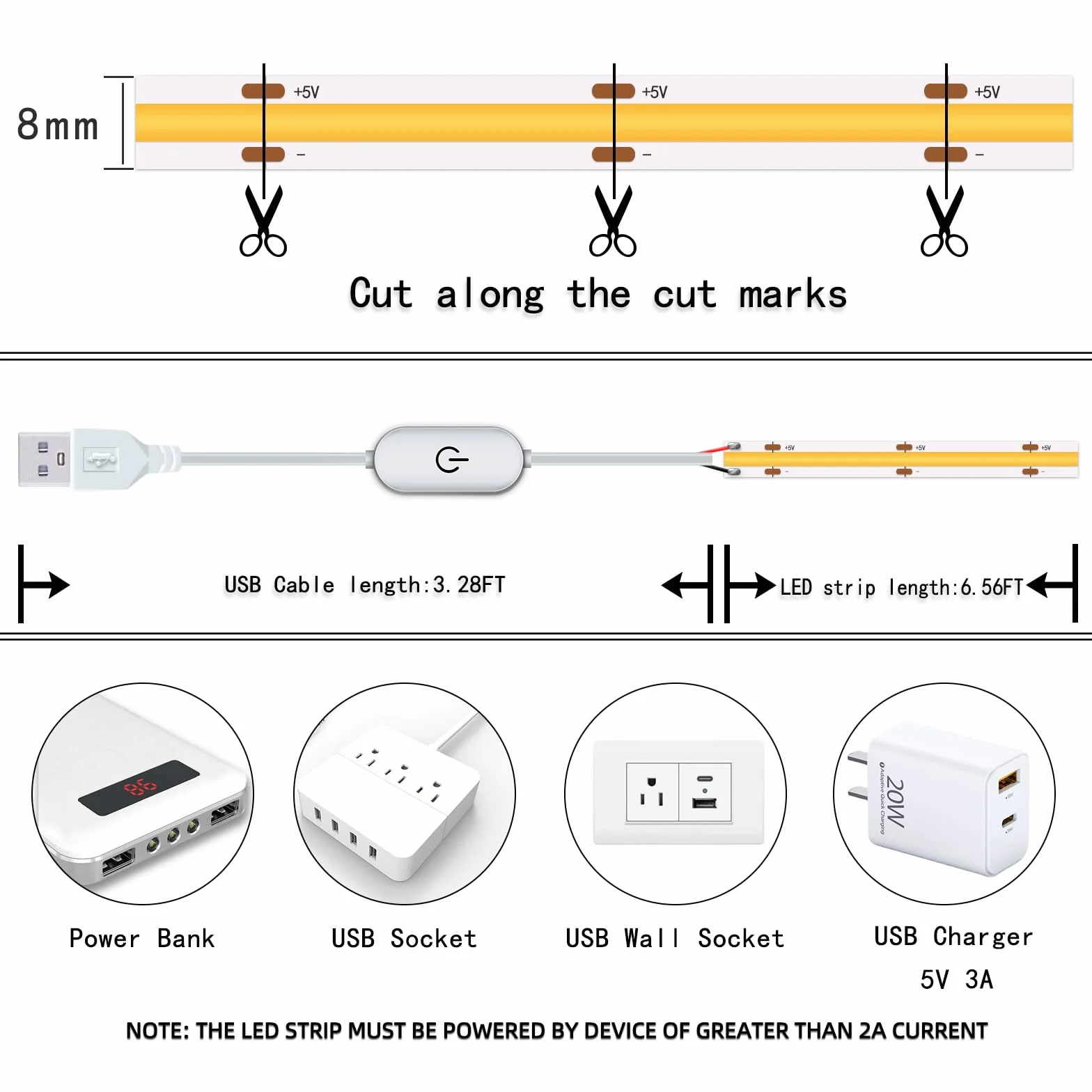 Taśma świetlna LED, 5 V, USB, 2 m, 640 diod LED, dotykowa, bezstopniowa, ściemniana, COB, taśma LED, 6000 K, biała, 13 W, elastyczne światła LED do sypialni, kuchni, do samodzielnego
