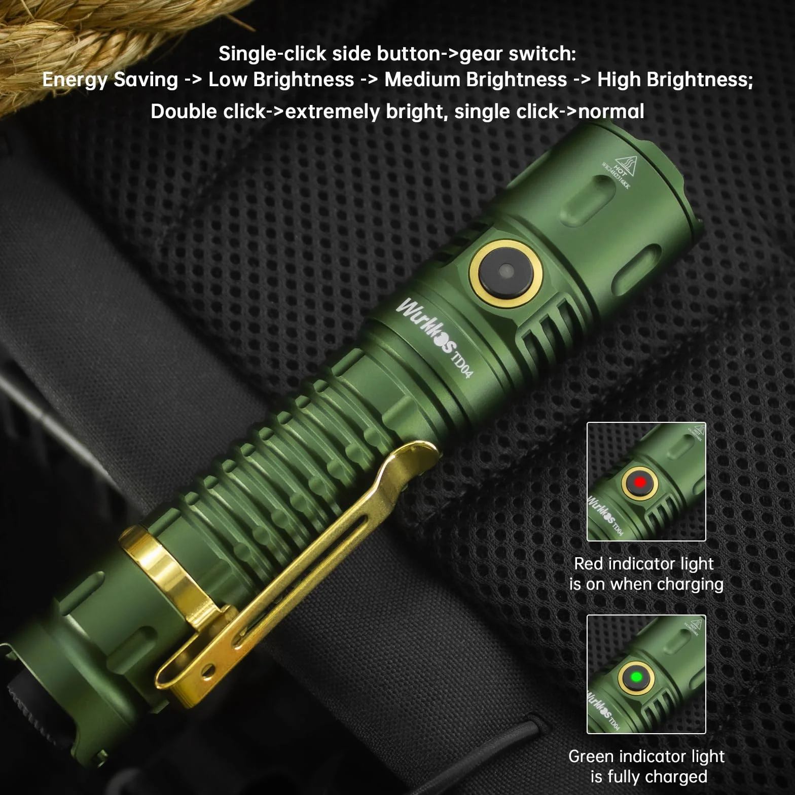 Wurkkos TD04 Latarka taktyczna, latarka ręczna do ładowania, 3000 lumenów, super jasna latarka LED z portem ładowania typu C, przełącznik tylny, na kemping, wędrówki, sytuacje awaryjne, wodoodporność