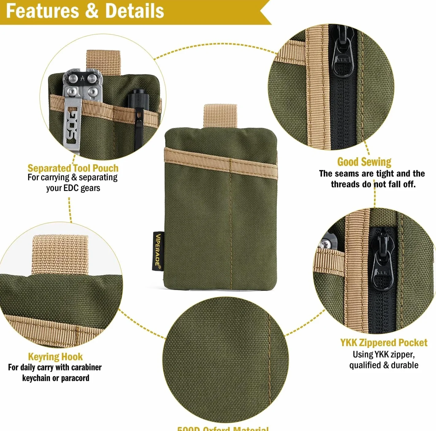 VIPERADE VE29 Mini woreczek EDC mini organizer kieszonkowy z 4 kieszeniami, mały organizer EDC mini organizer na narzędzia wielofunkcyjne, mały męski portmonetka na monety, brelok, mały plecak,