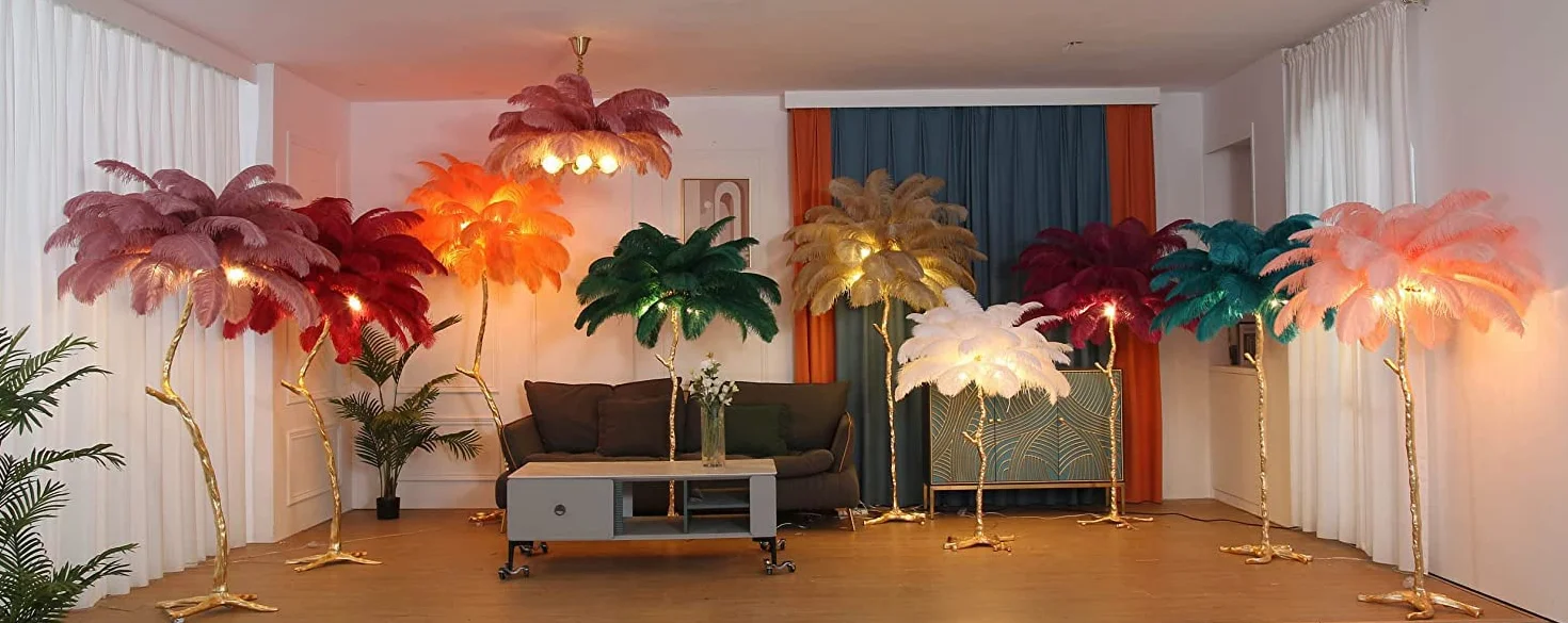Lampa podłogowa z piórami, luksusowa żywica LED z cieniem strusich piór, ściemniane światło, idealna do czytania, sypialni, biura domowego, przedpokoju
