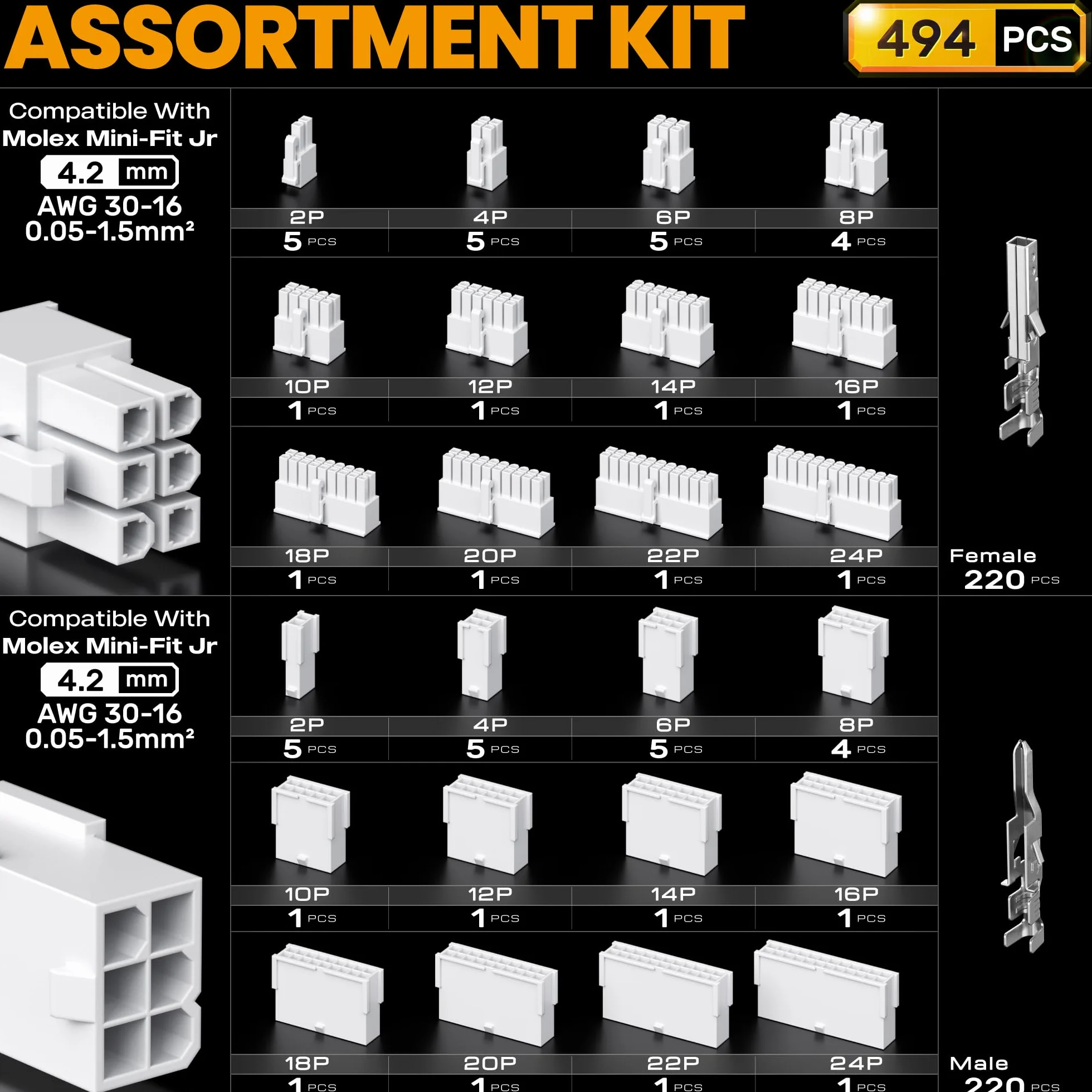 SOMELINE Zaciskarka Mini-Fit Jr Zestaw Złączy, 2-24 Pin 4,2mm (0,25-1,5mm²/24-16 AWG), z Wyjmakiem i Ściągaczem Izolacji, do PC i Drukarek 3D - do Molex, Dupont, KF2510, TE