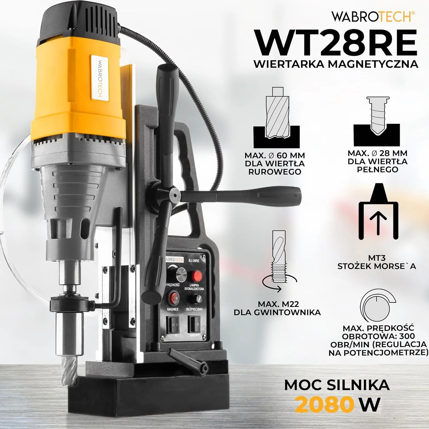 Wiertarka magnetyczna 2080W wiertarka rdzeniowa WABROTECH WT28RE (zestaw wielofunkcyjny)