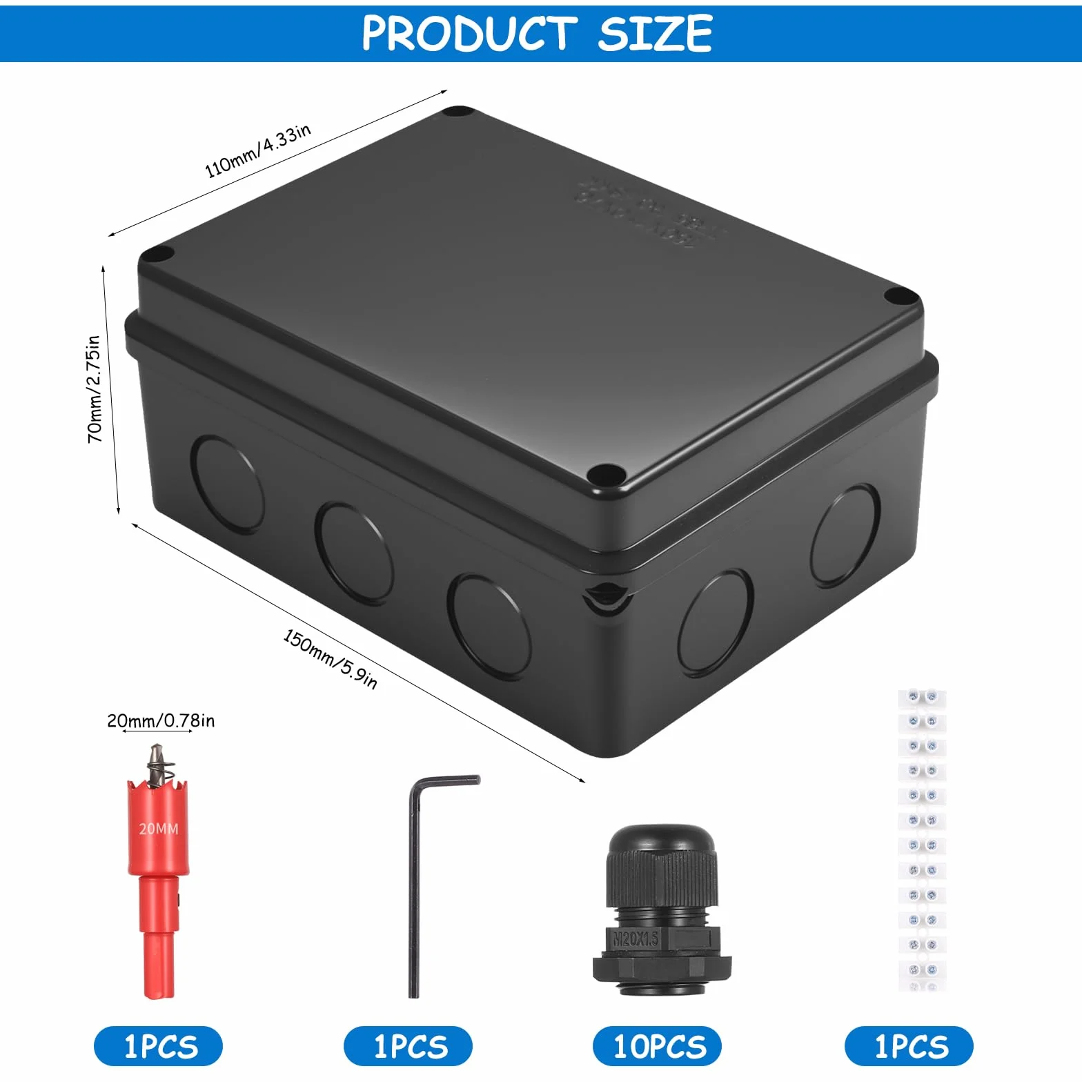 Puszka przyłączeniowa IP65, wodoszczelna, do montażu powierzchniowego, skrzynka instalacyjna z otwornicą 20 mm, (czarna) puszka kablowa ABS - 150 x 110 x 70 mm