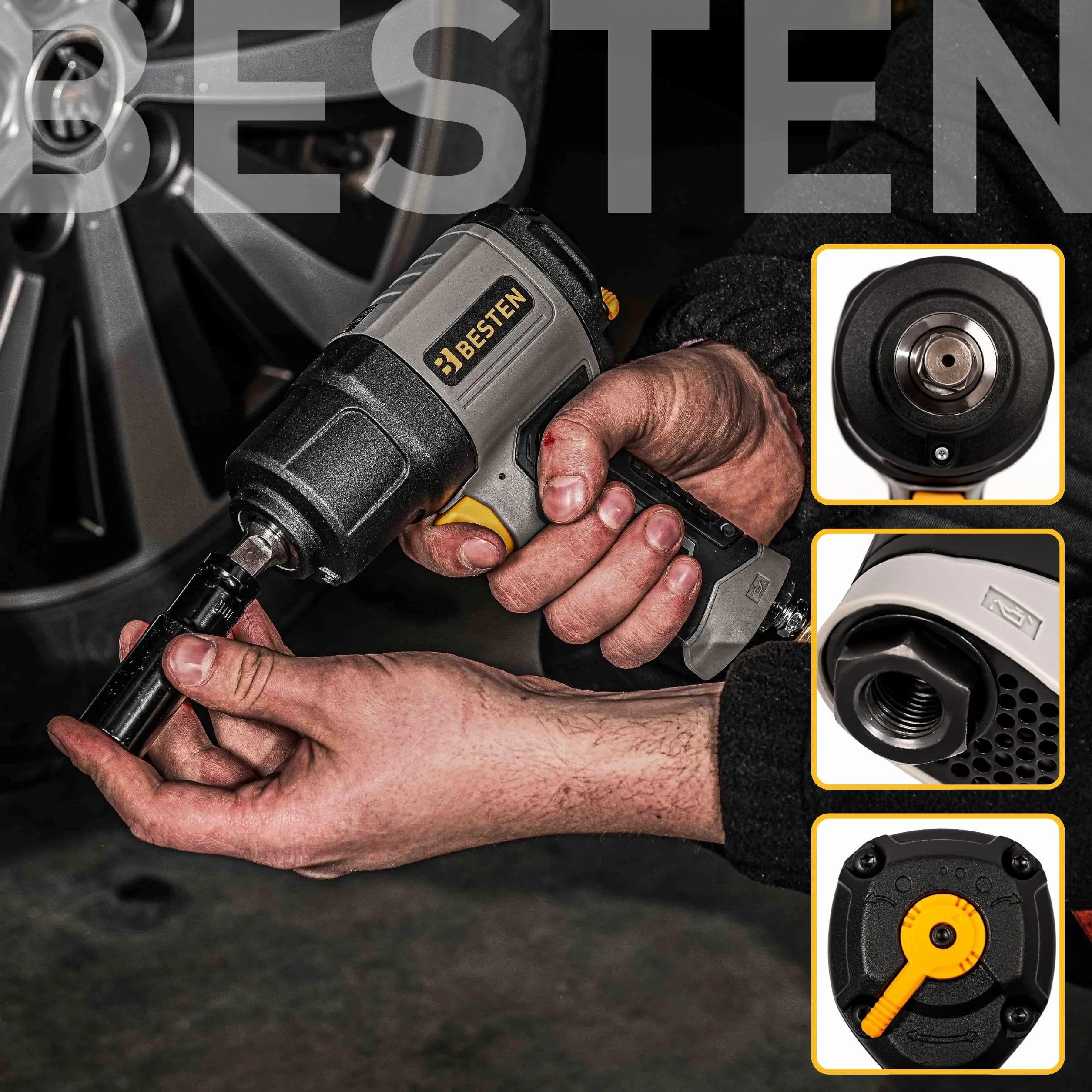 Klucz udarowy pneumatyczny 1650 Nm • Twin Hammer • Quick Switch 3 biegi • 1/2″ napęd • 8000 obr./min • 114 l/min • 2 kg • Profesjonalny klucz BESTEN BE0002884