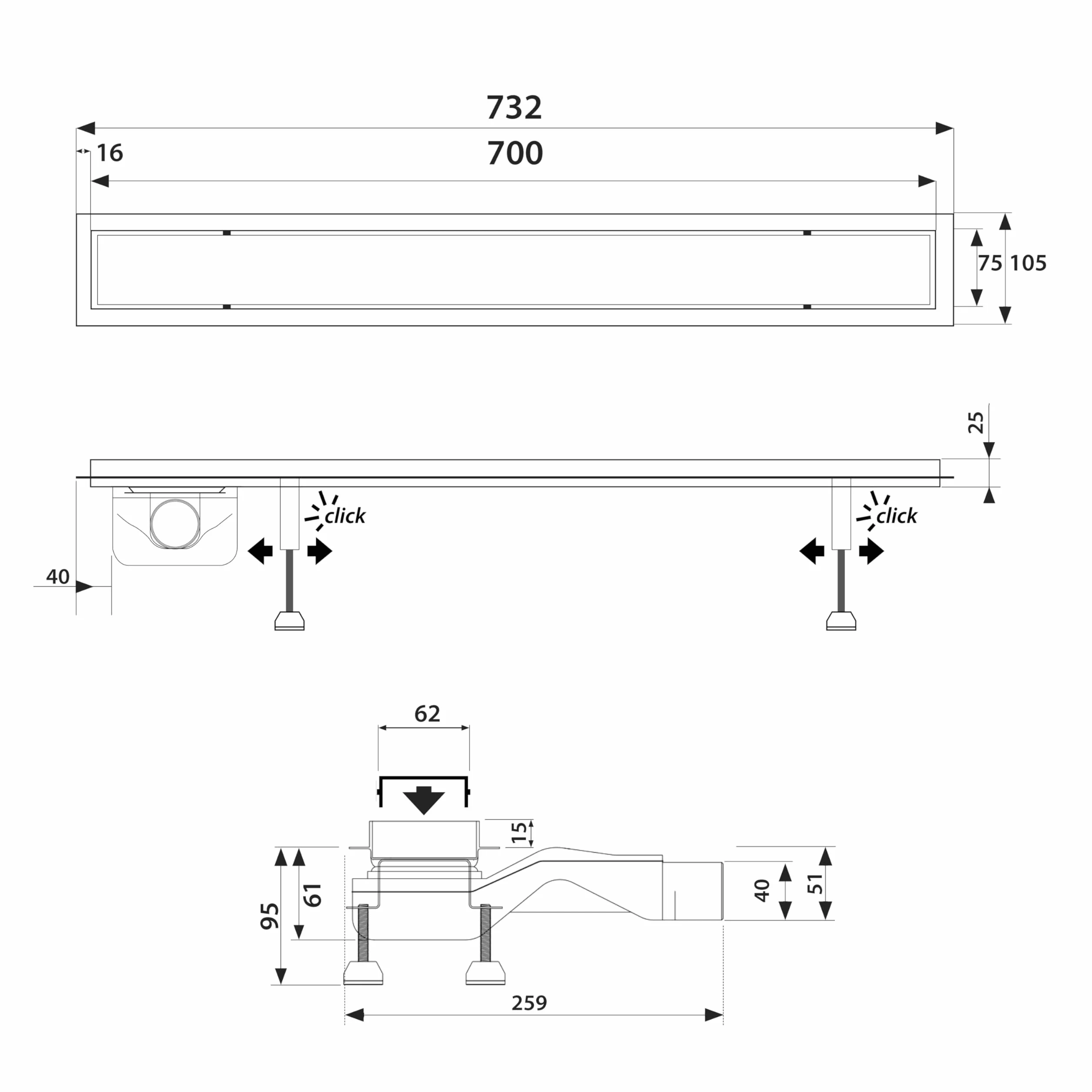 rynna prysznicowa ze stali nierdzewnej Nordona Complete Basic HG ekstra płaska z sitkiem do włosów | długość: 70 cm | wraz z przysłoną "klasyczny-wysoki połysk" | strona odpływu | syfon niskoprofilowy głębokość montażu tylko 6 cm | akcesoria montażowe