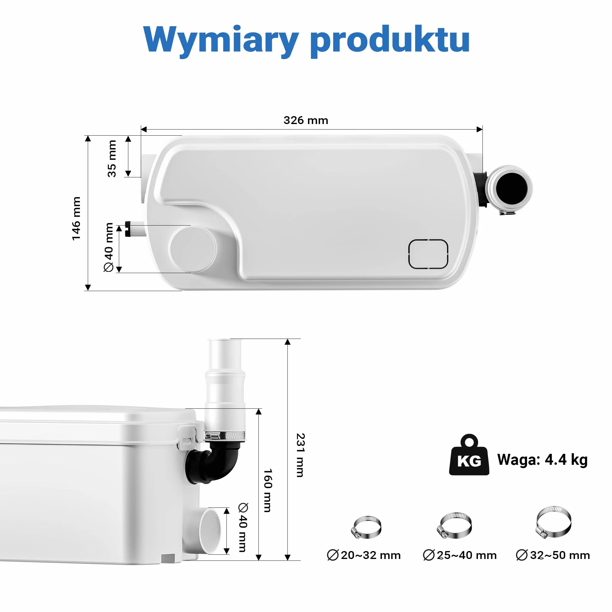XPOtool Pomporozdrabniacz 3/1 z silnikiem 250 W, 100 l/min, wysokość do 8,5 m odległość do 85 m, przyłącze boczne pompa wc z rozdrabniaczem