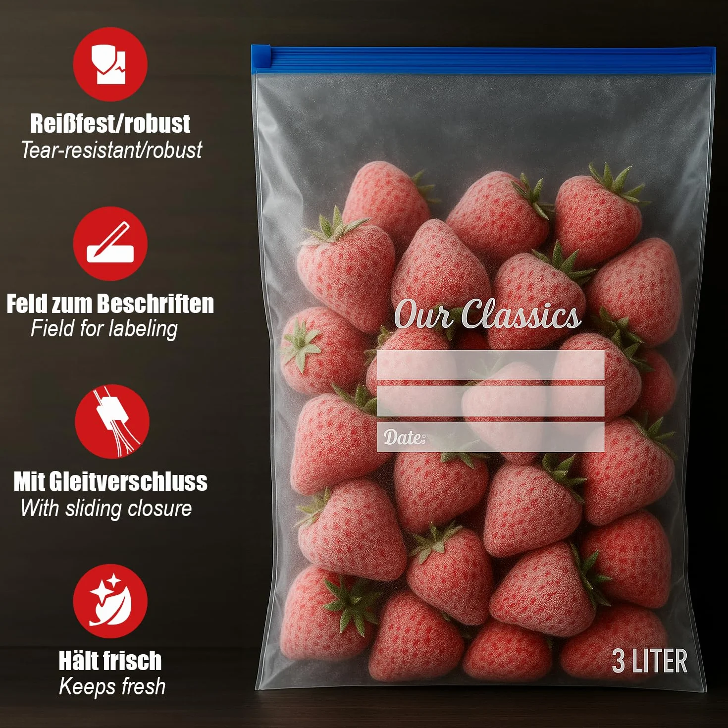 com-four® 60x Torebki do mrozenia 3L z zamknieciem – Wielokrotnego uzytku do przechowywania zywnosci – Uniwersalne worki na swiezosc i aromat do -40°C (3 L - 60 sztuk)