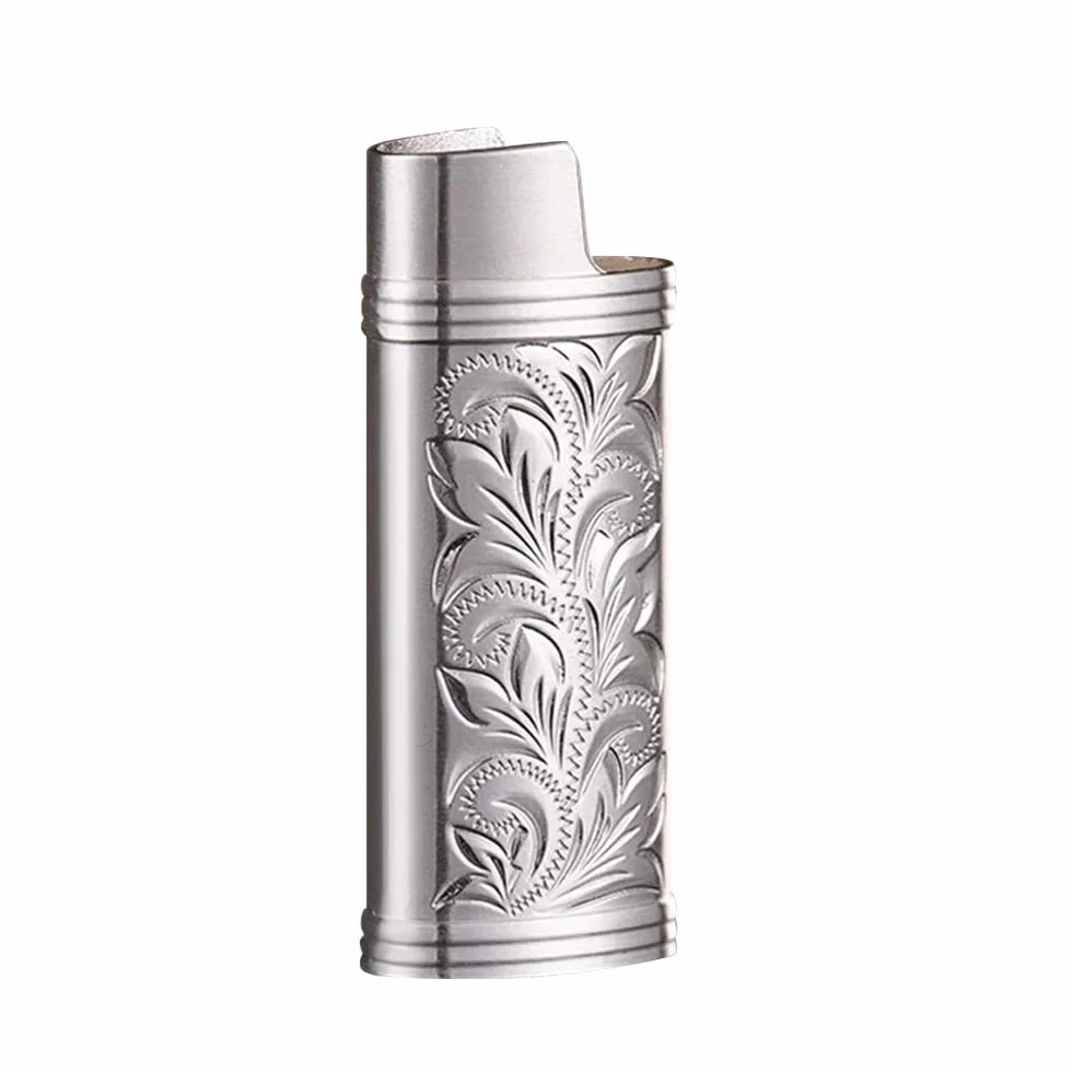 BYNYXI 3 sztuki etui na zapalniczkę w stylu vintage do mini zapalniczki BIC, przenośna osłona na zapalniczkę, metalowa, retro, z łańcuszkiem, grawerunek, wielokrotnego użytku, regularne