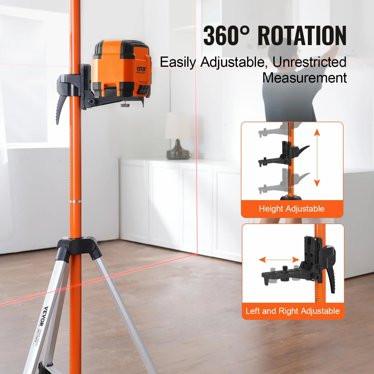 VEVOR Statyw do poziomowania laserowego, mocowanie gwintu 1/10.2 cm-20 i 5/20.3 cm-11, regulacja wysokości 104-340 cm, z bąbelkami poziomu i wytrzymałym stojakiem, wysuwany słup, lekki aluminiowy