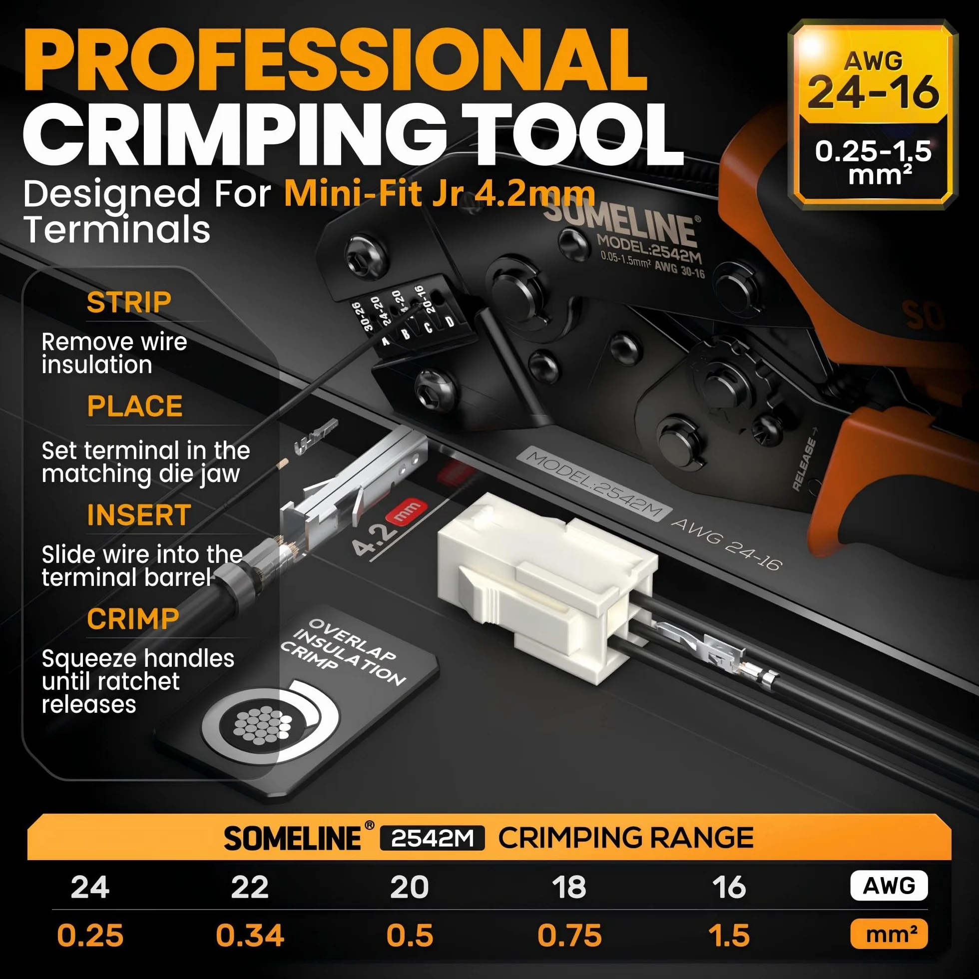 SOMELINE Zaciskarka Mini-Fit Jr Zestaw Złączy, 2-24 Pin 4,2mm (0,25-1,5mm²/24-16 AWG), z Wyjmakiem i Ściągaczem Izolacji, do PC i Drukarek 3D - do Molex, Dupont, KF2510, TE