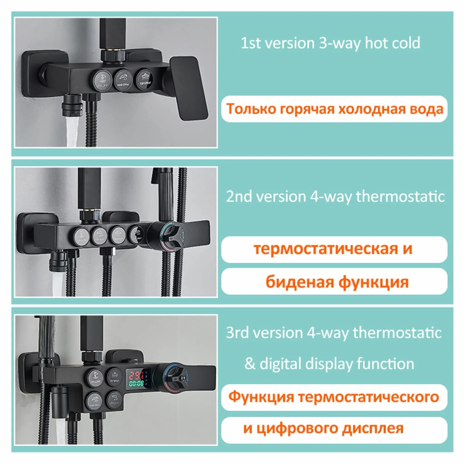 Zestaw termostatyczny z baterią prysznicową, czarny, wyświetlacz cyfrowy, bateria prysznicowa termostatyczna, 4-drożna bateria prysznicowa, sterowanie przyciskami, inteli,Ch 4way Th-1