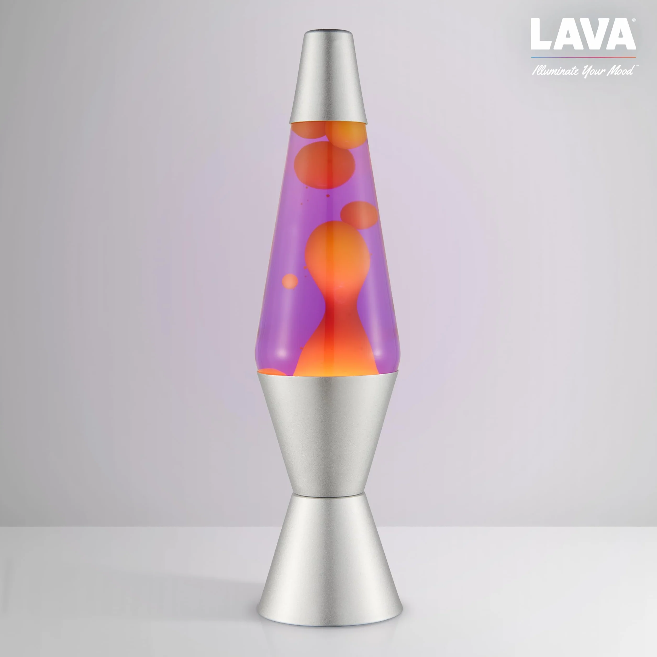 LAVA® - Lampa Lava 2125, żółty wosk, fioletowa ciecz, srebrna podstawa i czapka, oryginalna 14,5 cal lampa ruchowa marki LAVA®
