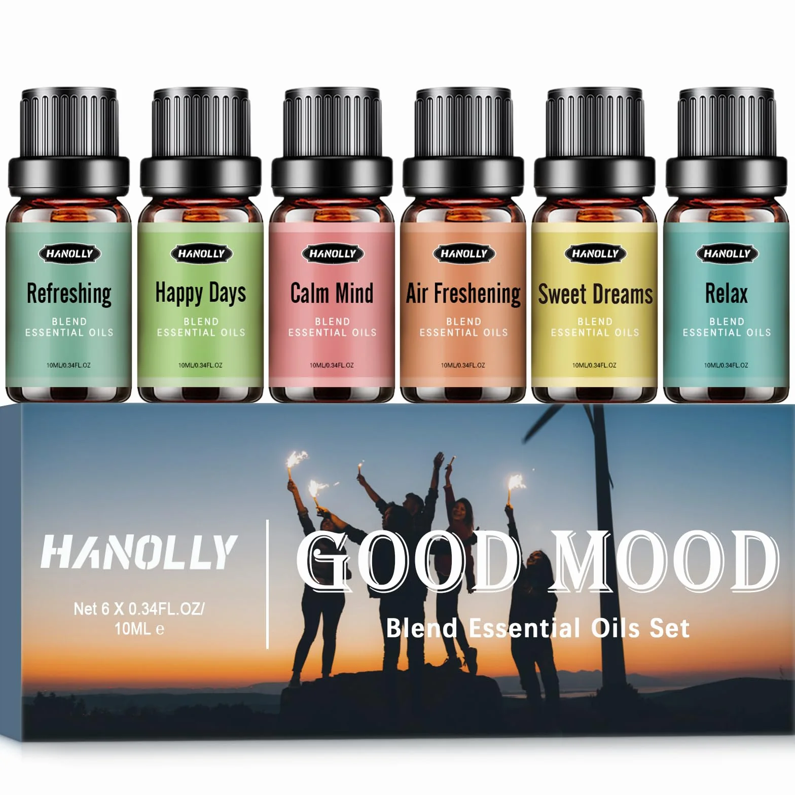 Hanolly 6 x 10 ml Zestaw Olejków Eterycznych Dobry Nastrój Do Dyfuzorów – Szczęśliwe Dni, Odświeżanie Powietrza, Relaks, Słodkie Sny, Orzeźwienie, Ukojenie