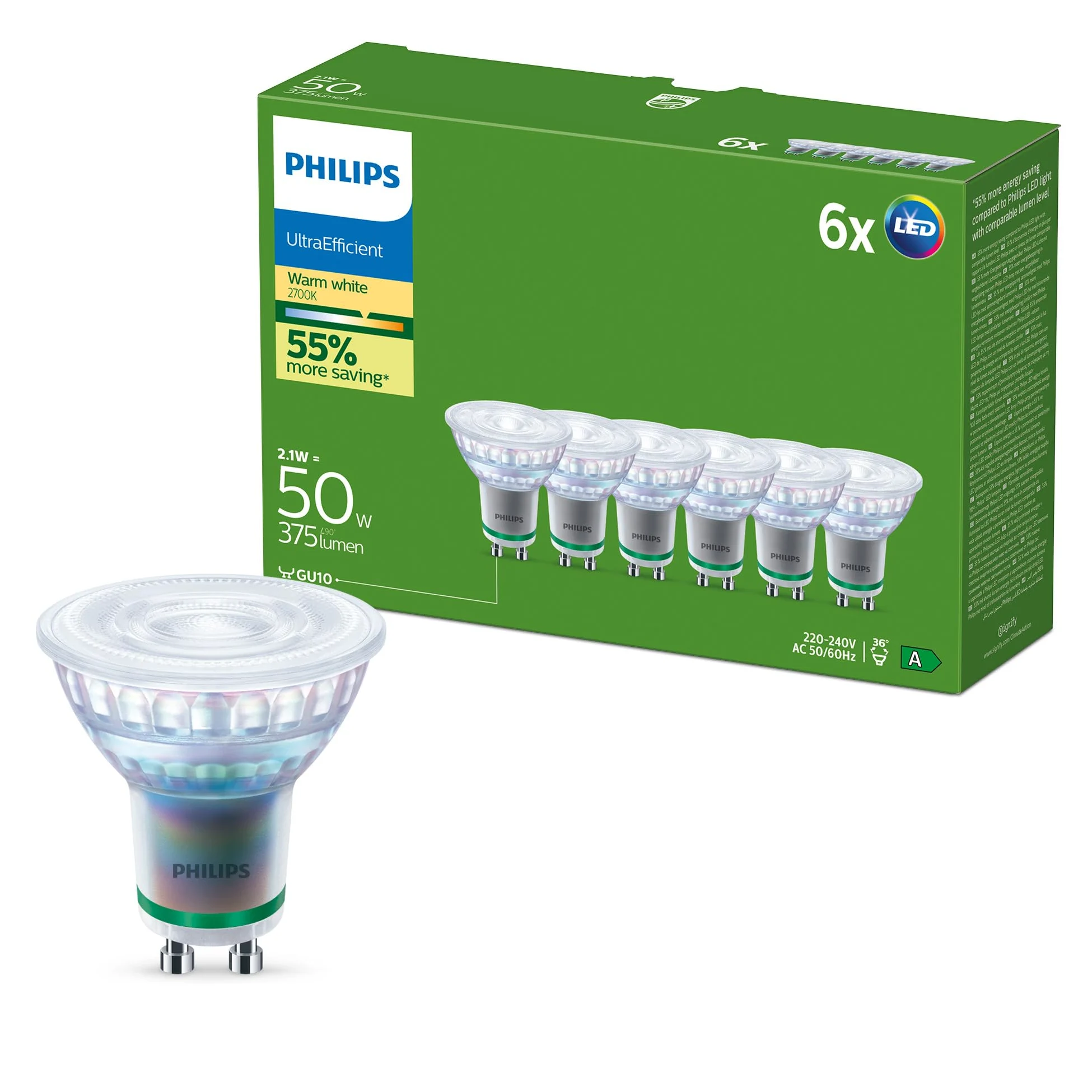 Żarówka GU10 Philips UltraEfficient LED, 6-Pak, 215 Lumenów, 35 W, Bez Migotania, EyeComfort, Długa Żywotność, Ciepła Biel 2700 K