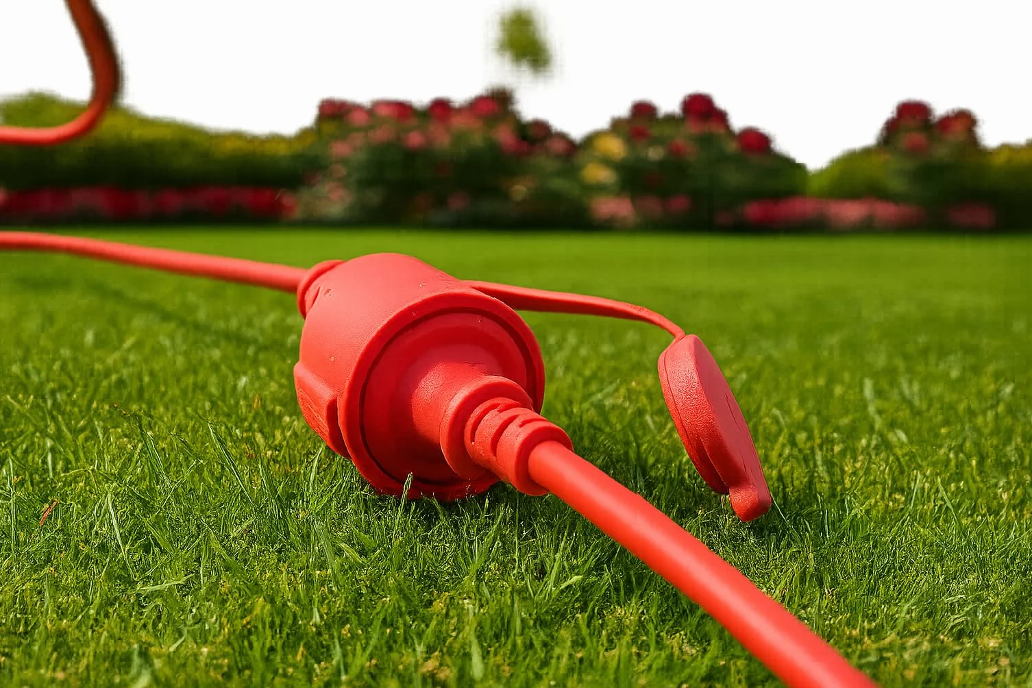 as - Schwabe Gummi-Verlängerungsleitung – 25 m Kabel mit Schutzkontaktwickelstecker, Schutzkontaktkupplung inkl. Schutzkappe ­– 230 V / 16 A Verlängerungskabel – IP44 – Made in Germany – Rot I 60373