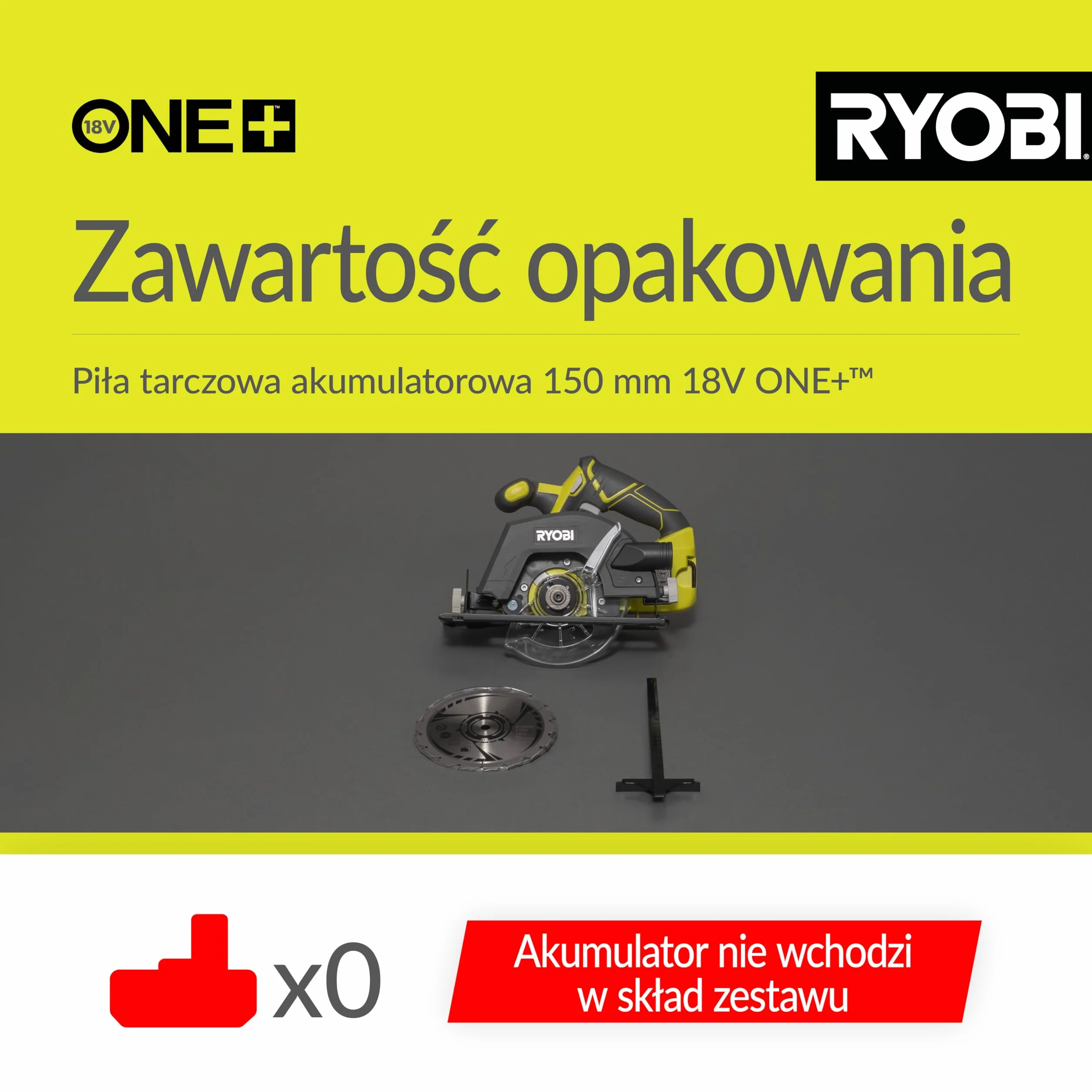 Ryobi Pilarka tarczowa 18V, R18CSP-0, średnica tarczy 150 mm, regulacja kąta 0-56 stopni, głębokość cięcia 45 mm przy 90 stopniach oraz 32 mm przy 45 stopniach, wersja bez akumulatora i ładowarki