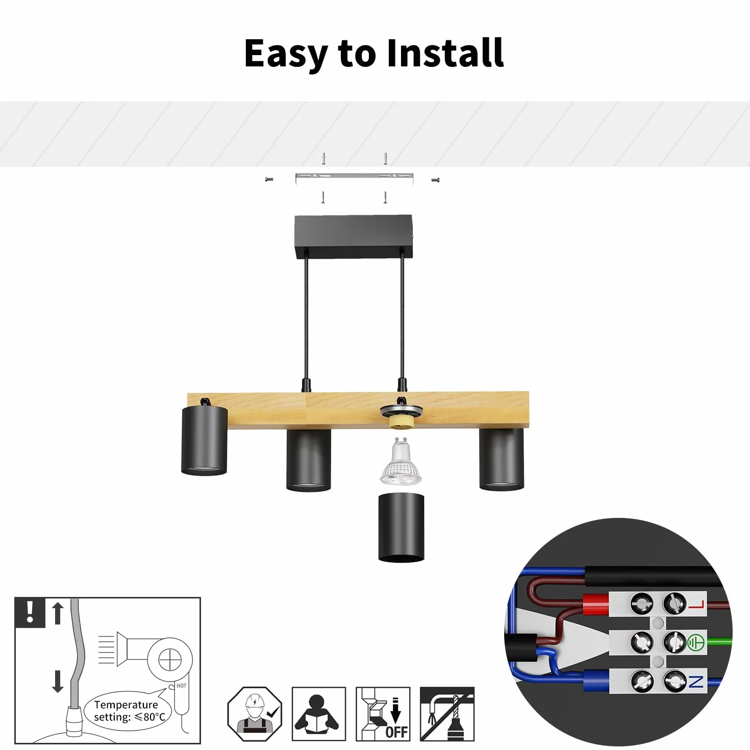 LVWIT Czarne lampy wiszące, lampy wyspowe do kuchni GU10, drewniane lampy sufitowe, lampa sufitowa do jadalni z 4 podstawami, salonu, sypialni, przedpokoju (bez żarówek)