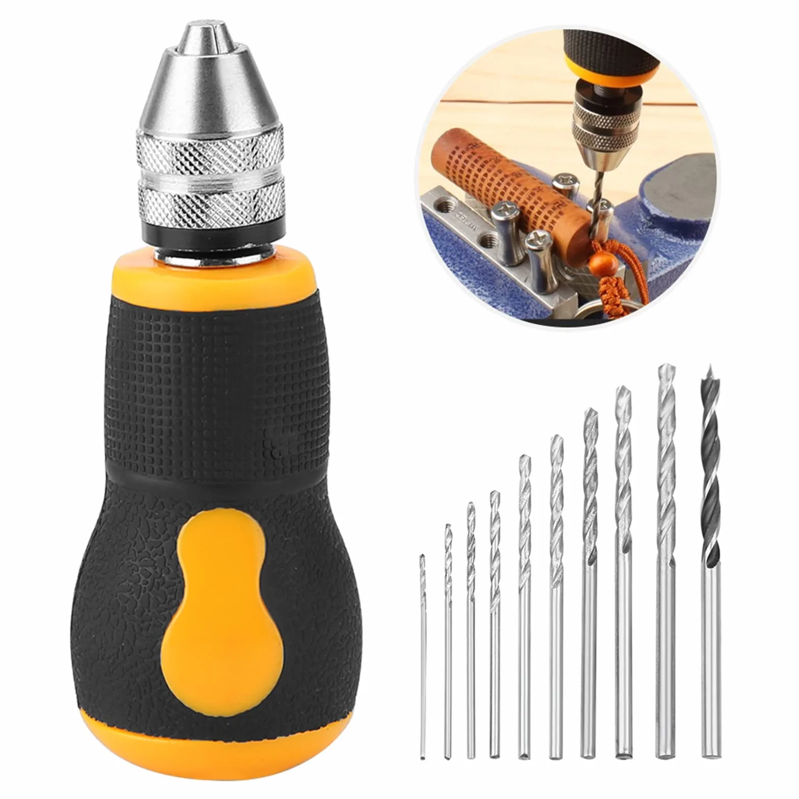 Mini Wiertarka Ręczna, Zestaw 10 Małych Wierteł Ręcznych Wierteł Krętych Micro Mini Przenośny Zestaw Narzędzi 0.8-3.0mm do Biżuterii Modelowej Orzech Bursztynowy Wosk Pszczeli Oliwna Nakrętka