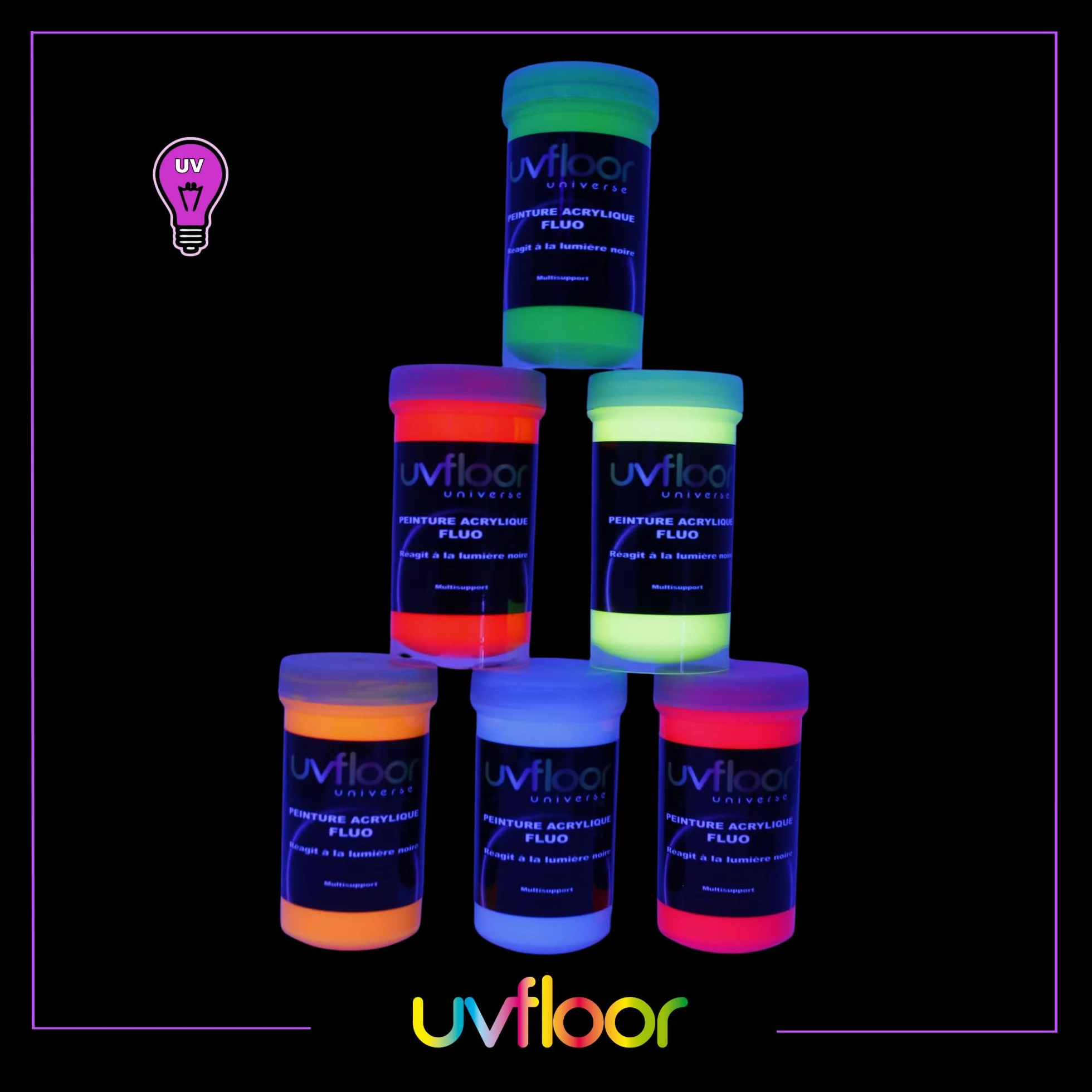 UV FLOOR - Zestaw startowy Fluo Farba akrylowa - Specjalne czarne i ultrafioletowe światło - Błyskotliwe - Fluid I Ultra Pigmentowane - Fluorescencyjne - 6 x 100ml