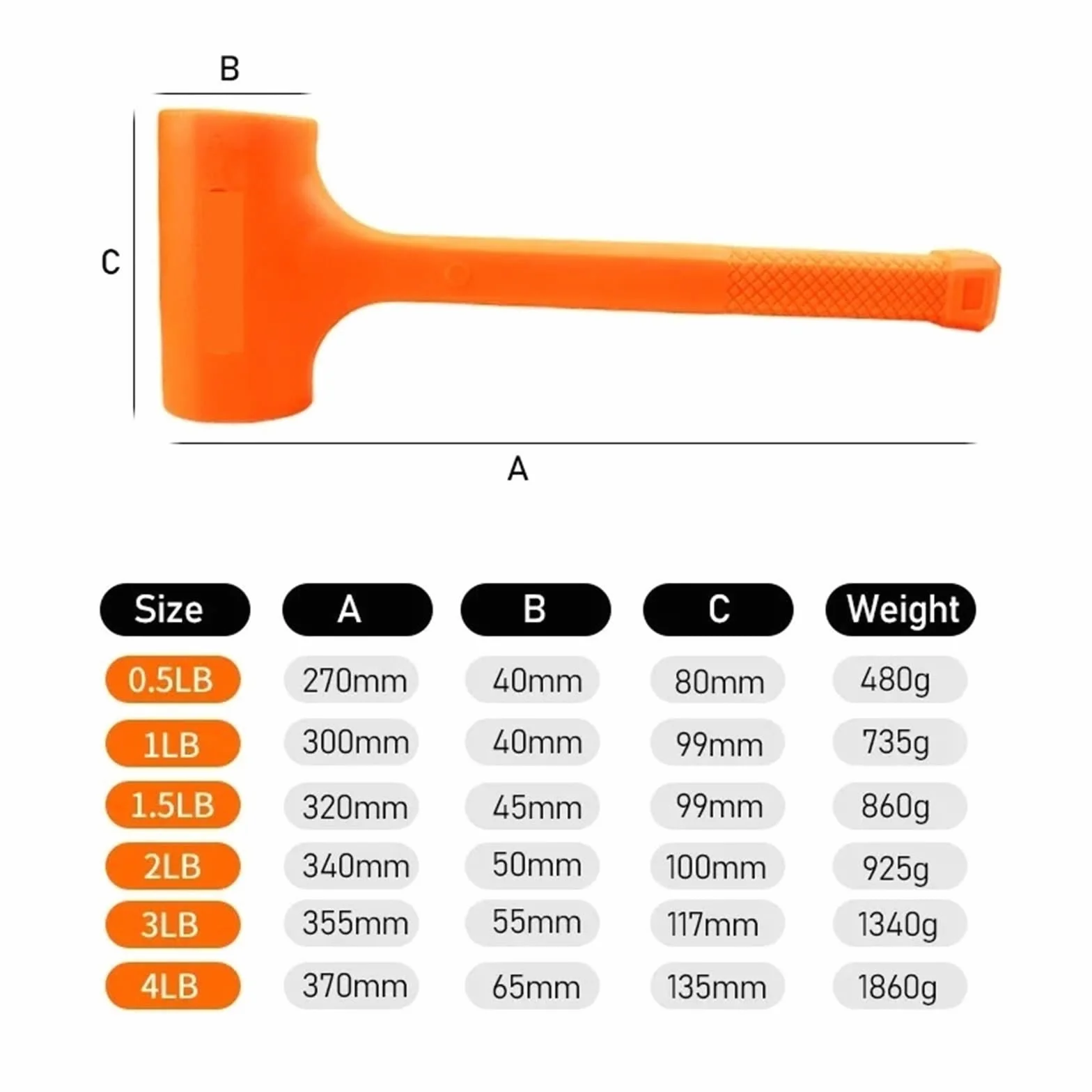 0,5-4LB Wielofunkcyjne narzędzie Młotek do dmuchania Pomarańczowy miękki gumowy młotek instalacyjny Narzędzie podłóg drewnianych Brak elastyczności(1 LB)