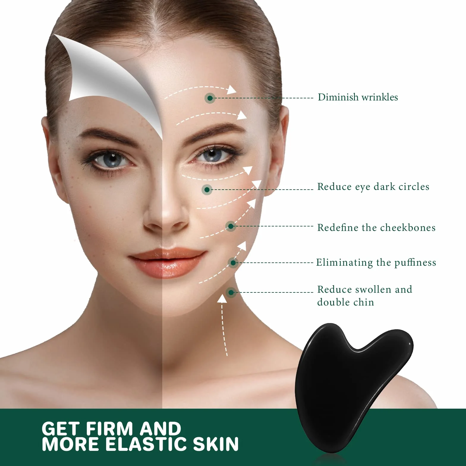 Gua Sha Jadeitowy Kamień Masażu do Twarzy, Narzędzie do Akupunktury SPA (Czarny)
