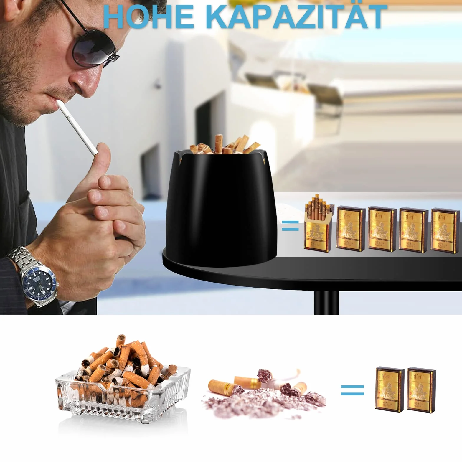 Popielniczka do użytku na zewnątrz (10 x 9 x 10 cm), duża popielniczka z pokrywką, ze stali nierdzewnej, stojąca i z dnem - czarna