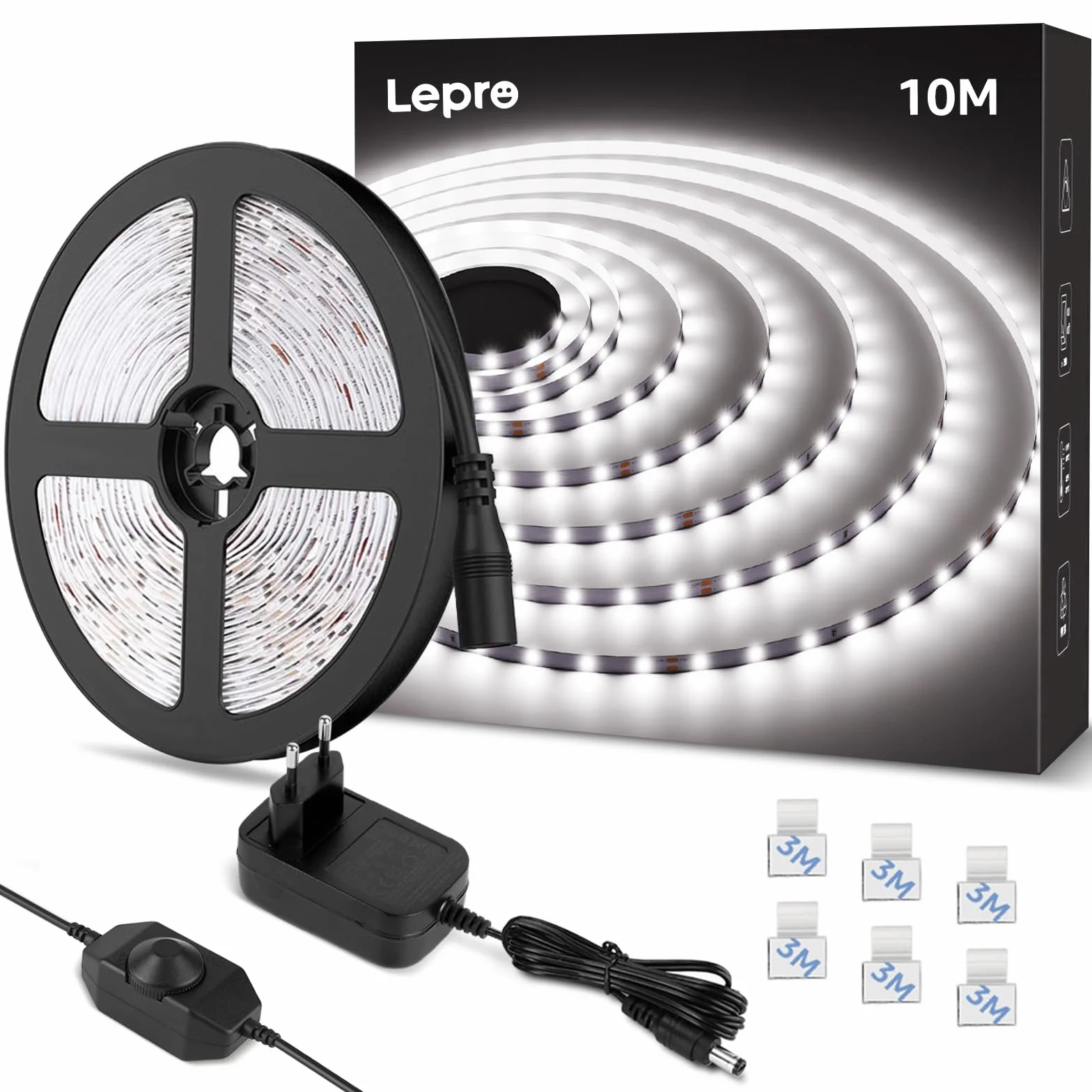 Lepro Taśma LED 10 m, zimna biel, 6000 K, ściemniana, 2835 LED, biała, samoprzylepna, 420 diod LED, bardzo jasna listwa świetlna LED, z zasilaczem, łańcuch świetlny do wnętrz kuchni