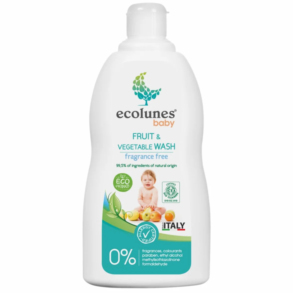Ecolunes Baby Fruit & Vegetable Wash hipoalergiczny płyn do mycia ciała dla dzieci z owocami i warzywami, bezzapachowy, 99,5% składników pochodzenia naturalnego, nie powoduje alergii, 500 ml