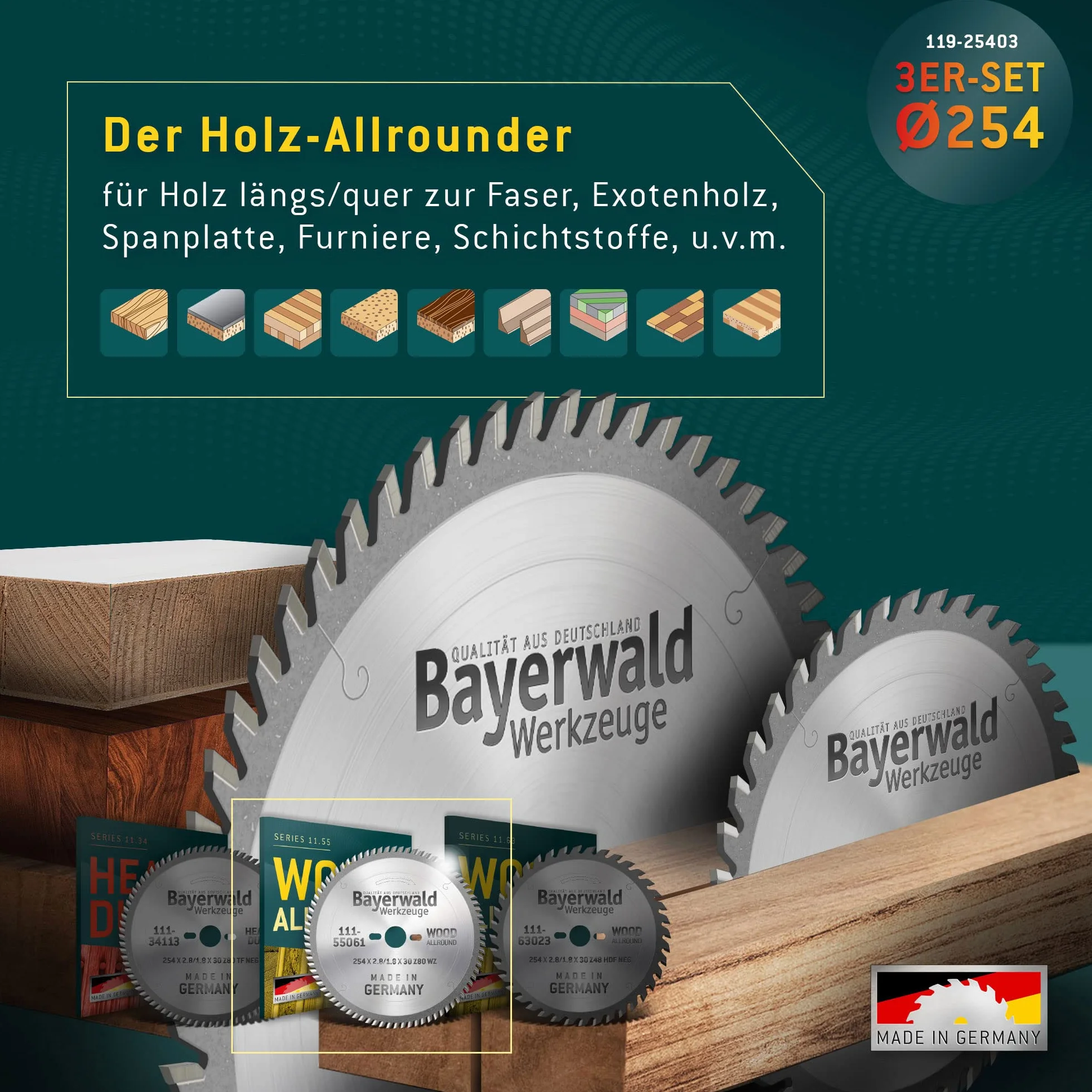 Bayerwald zestaw brzeszczotów do piły tarczowej Ø 254 (3-częściowy) – do aluminium, materiałów drewnopochodnych i tworzyw sztucznych – kompatybilny np. z Bosch GTS – PTS 10 / Metabo TK250 i więcej