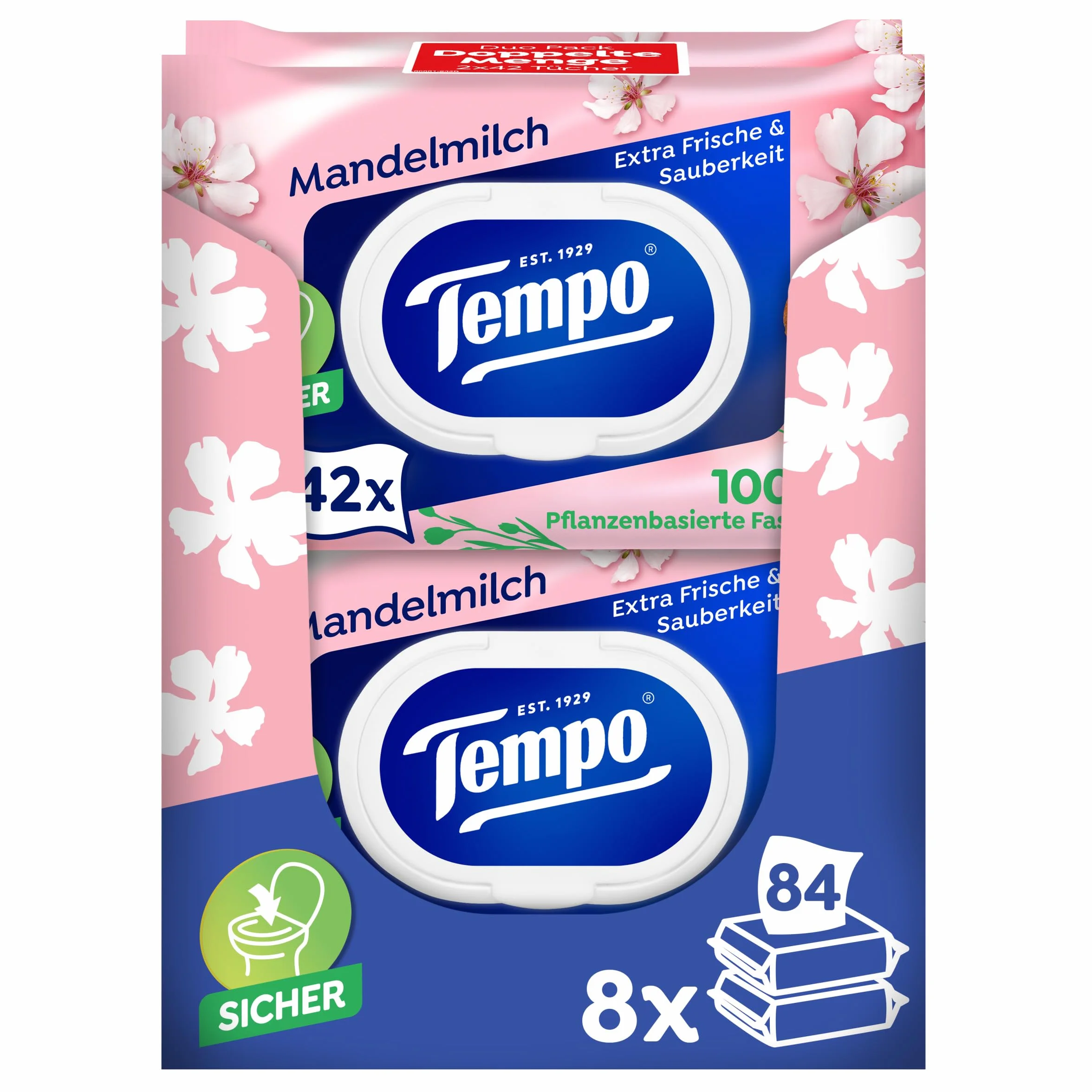 Tempo Papier toaletowy wilgotne mleko migdałowe i pantenol, opakowanie 16 sztuk (8 x 2 x 42 sztuki)