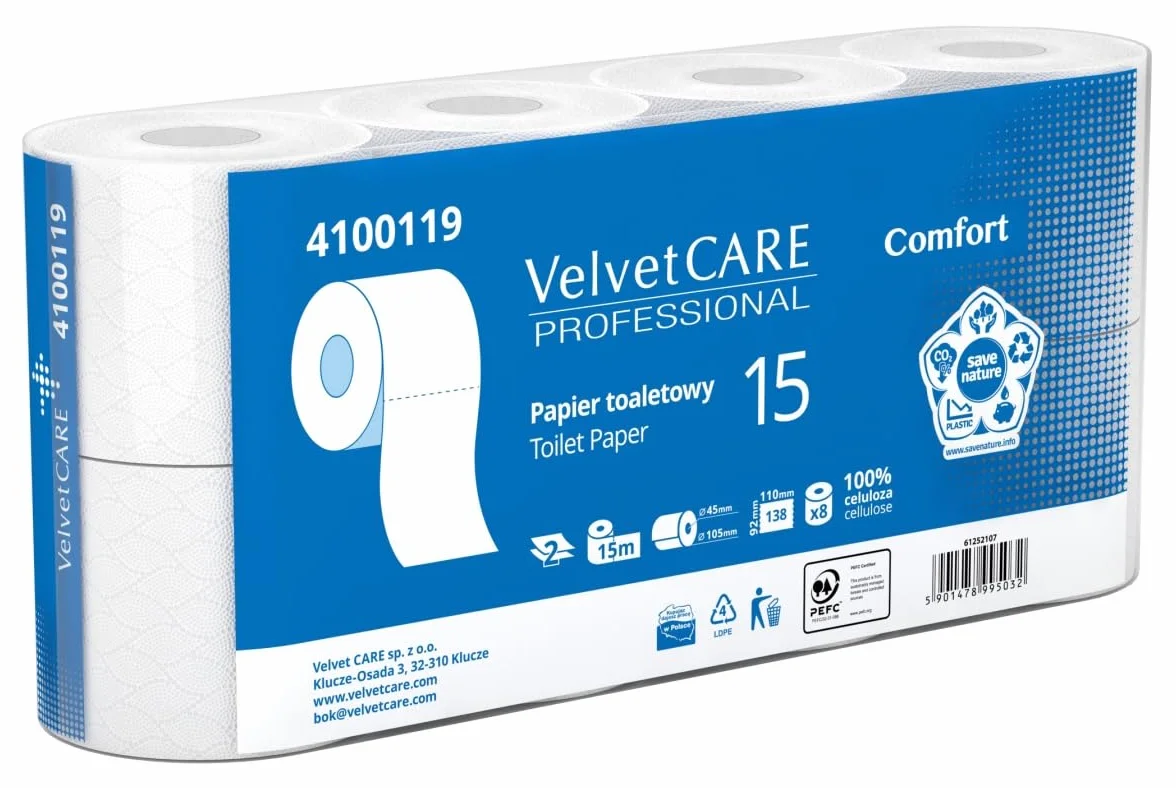 Papier toaletowy Velvet Comfort 8 sztuk 15m 2-warstwowy | biały | *celuloza | bezpłatna dostawa 24h