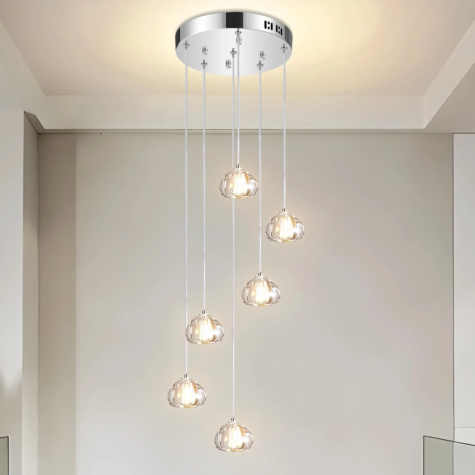 H.W.S Nowoczesna lampa wisząca LED, żyrandol Villa, regulowana wysokość, lampa wisząca szkło, do salonu, jadalni, przedpokoju, schodów, hotelu (6-punktowa, Okrągła, Chrom)