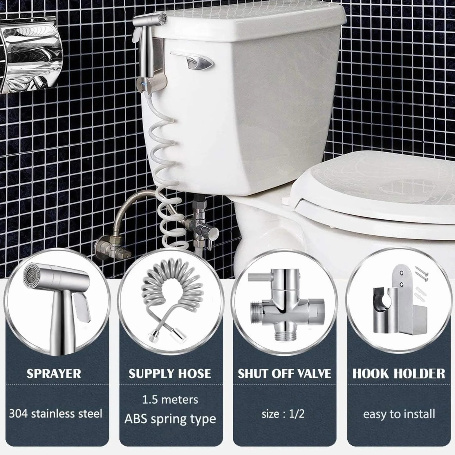 Bidet, ręczny spryskiwacz toaletowy, podwójny tryb (Jet/Stream), do prysznica, łazienki, higieniczny, do czyszczenia pieluch, z wężem sprężynowym G1/2" i zaworem G3/8"