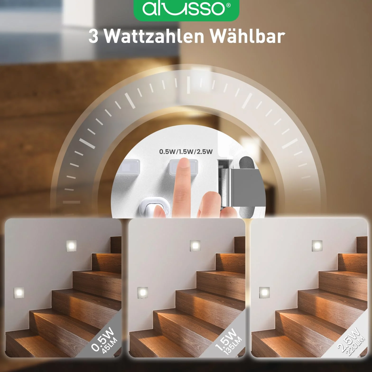 ALUSSO Zestaw 6 oświetlenia schodów LED, 230 V, możliwość ściemniania, 3CCT, ciepła biel, neutralna biel, zimna biel, 3 W, 0,5 W, 1,5 W, 2,5 W, IP44, oświetlenie schodów, oświetlenie schodów