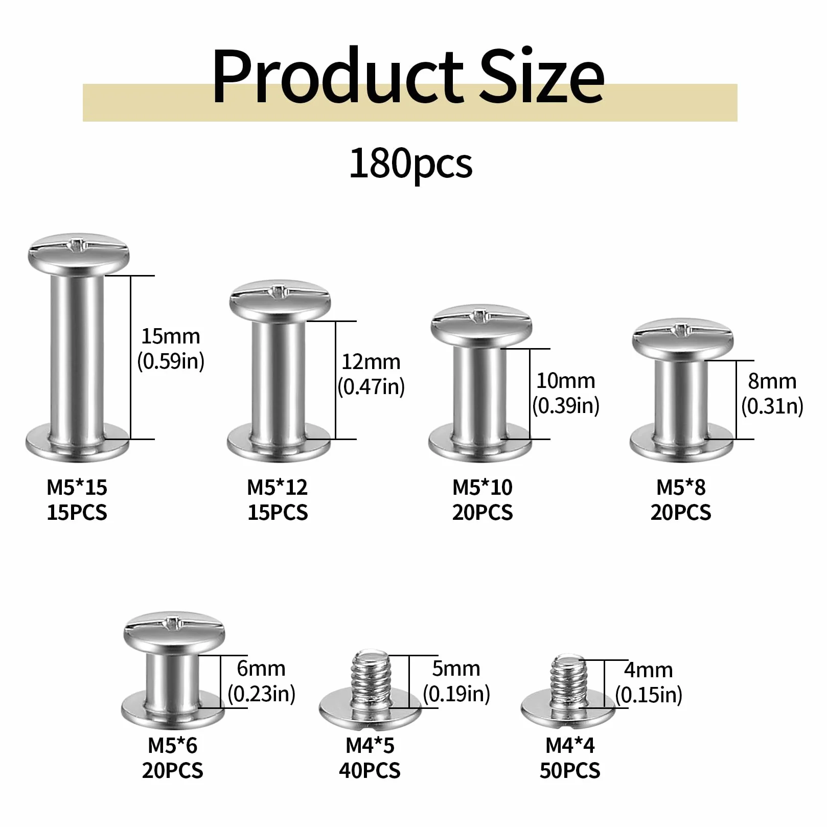 180 sztuk śrub Chicago, M4 M5 Wiązane śruby, Chicago Binding Screws, Nity do Bindowania Książek z płaską główką krzyżową, zatrzaski na guziki do książek Nity skórzane