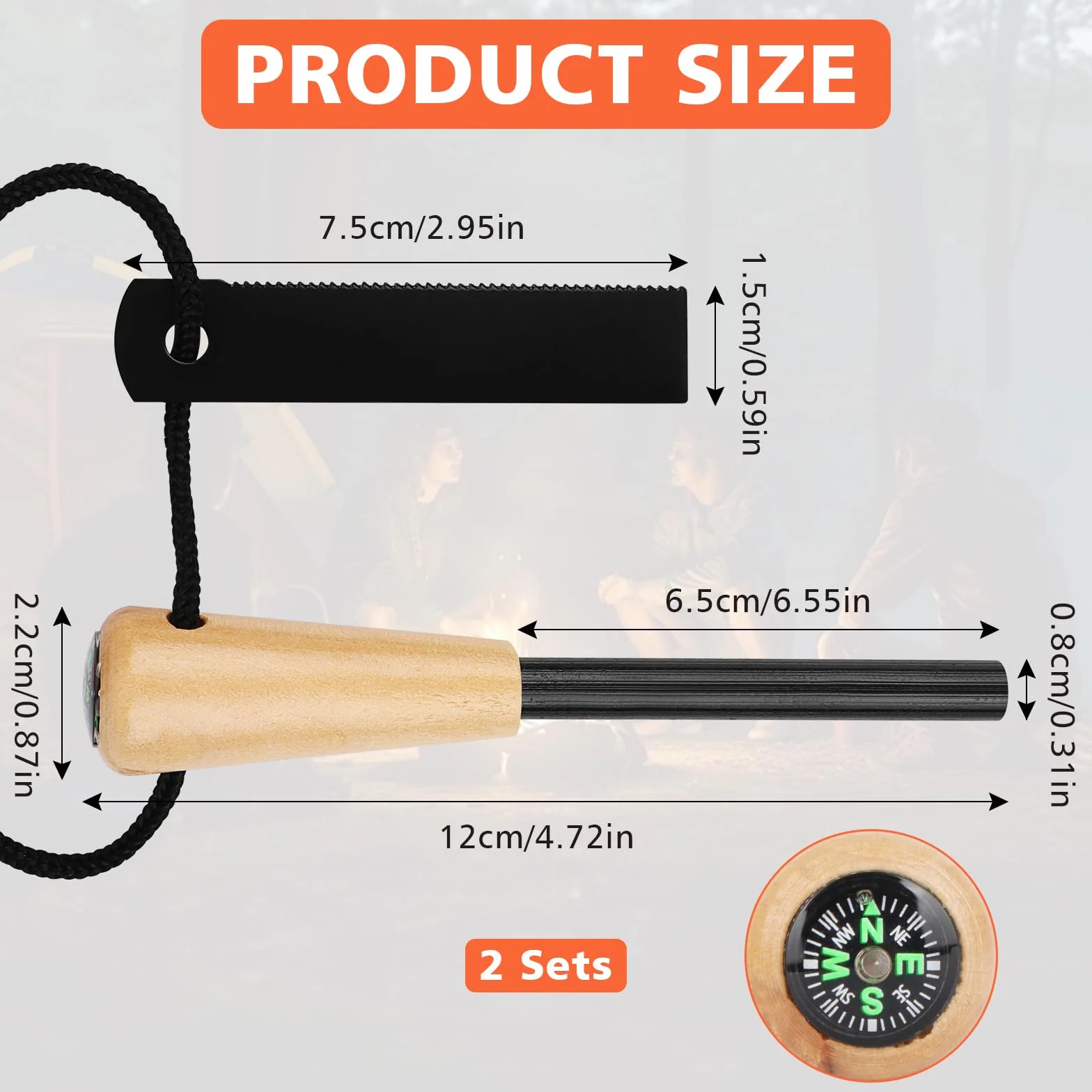 2 sztuki krzesiwo outdoorowe, survivalowe krzesiwo z drewnianym uchwytem i kompasem, magnezowy rozpalacz ognia zestaw survivalowy, rozpalacz ognia ze stali krzemowej, zestaw survivalowy do bushcraft