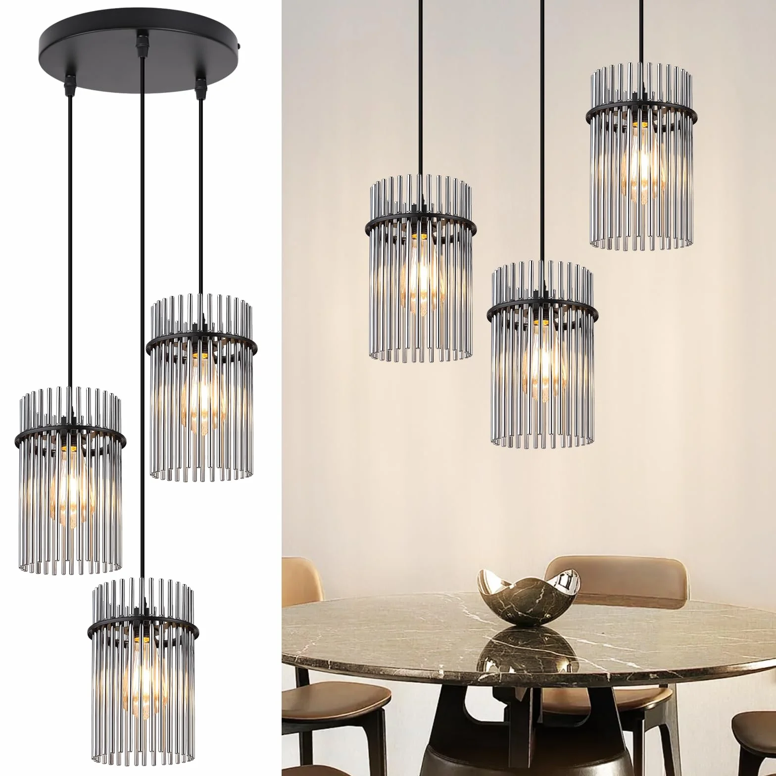 Lampa Wisząca Stół Jadalny Czarna szklany E27 nowoczesna Lampa | Kuchenna 3-punktowa z regulacją Ø 16 cm żyrandol do jadalni salon sypialnia baru i kuchni (bez żarówek)