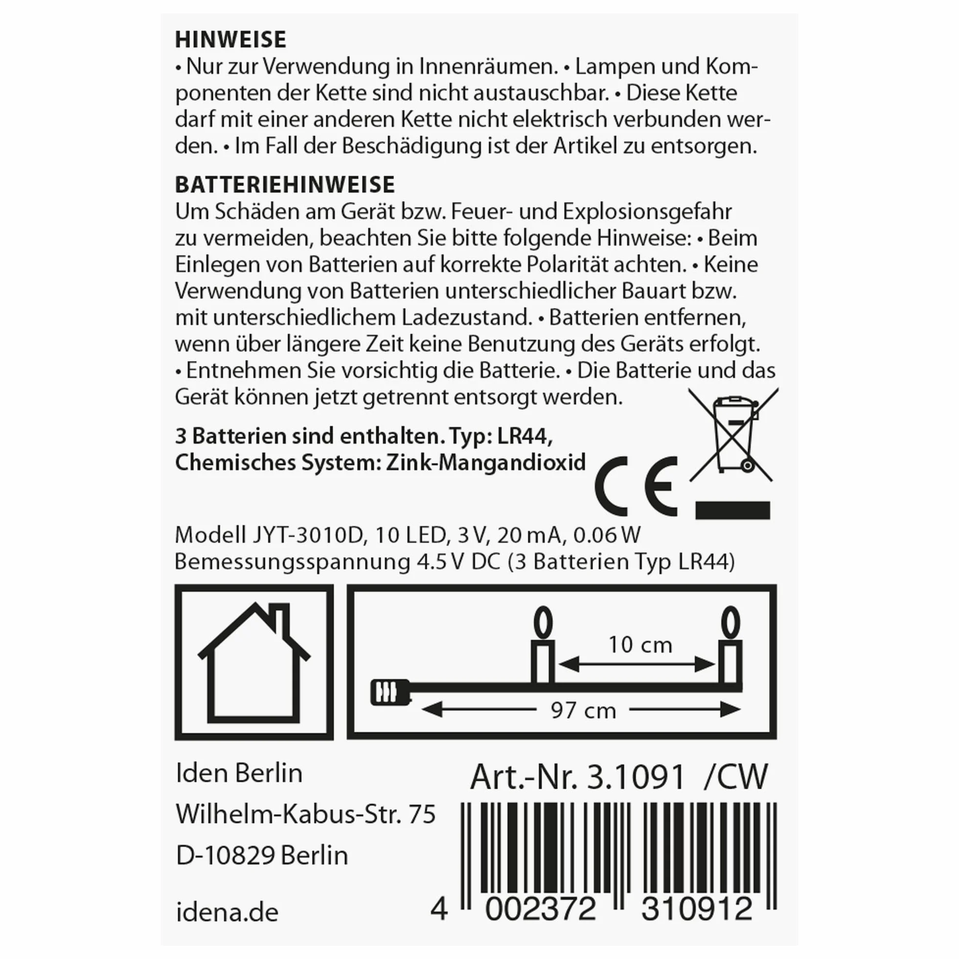 Idena 31091 – LED mikro lampki do butelek z 10 diodami LED w kolorze ciepłej bieli, zestaw 2 szt. łańcuch świetlny z korkiem, zasilany bateriami, ok. 0,97 m długości, dekoracja do wnętrz, jako